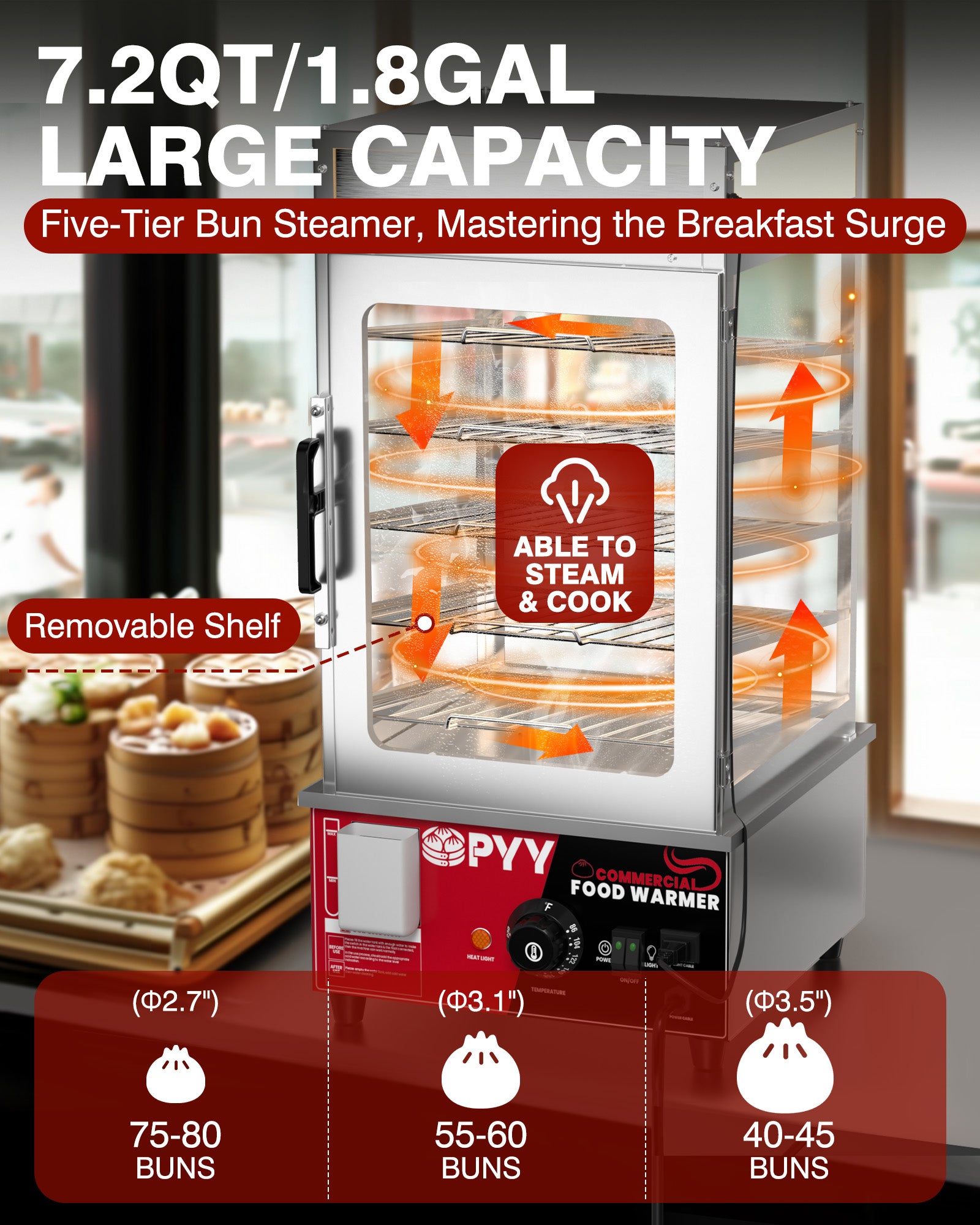 PYY Bun Steamer Electric Food Display - 5 Layers Display Stainless Steel Commercial Bun Steamer Automatic Temperature Control, Restaurant, Kiosk 1200W/110V