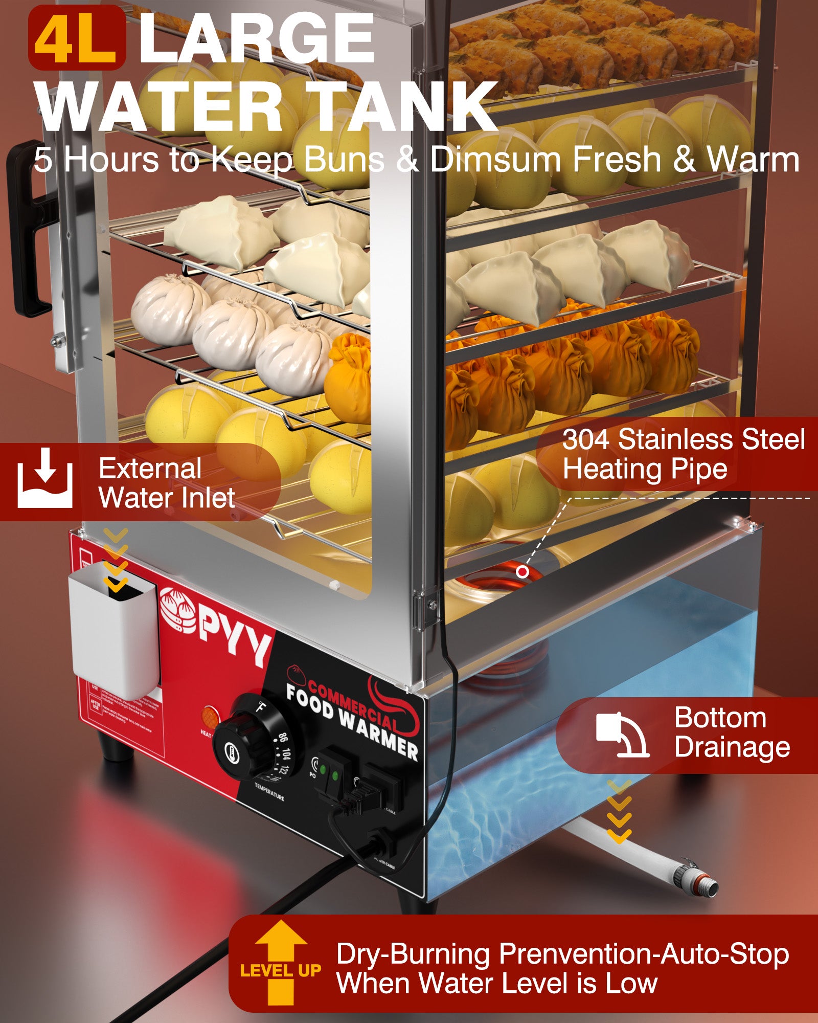 PYY Bun Steamer Electric Food Display - 5 Layers Display Stainless Steel Commercial Bun Steamer Automatic Temperature Control, Restaurant, Kiosk 1200W/110V