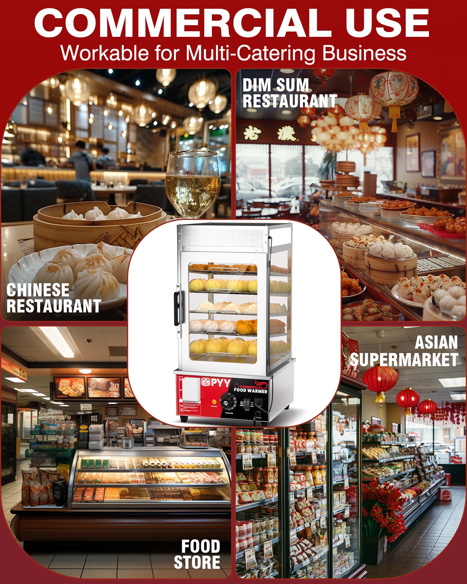 PYY Bun Steamer Electric Food Display - 5 Layers Display Stainless Steel Commercial Bun Steamer Automatic Temperature Control, Restaurant, Kiosk 1200W/110V