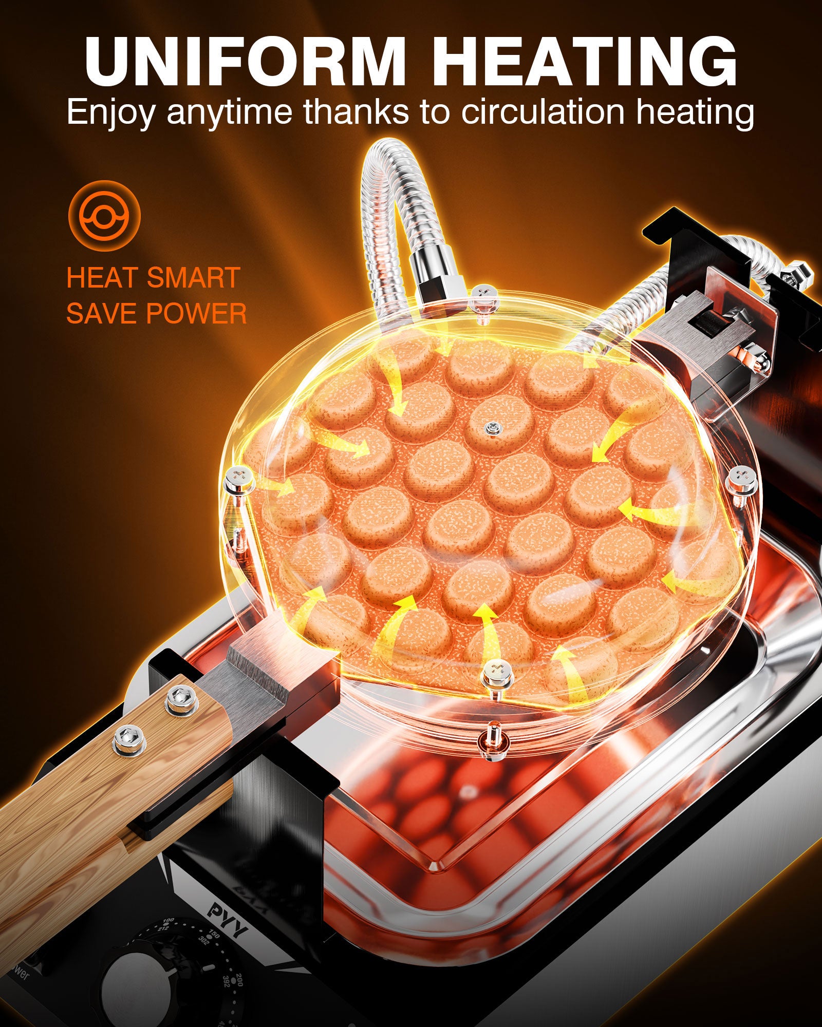 PYY Bubble Waffle Maker – 1500W Commercial Egg Puff Waffle Iron with a non-stick coating, 180° rotating design, a wooden handle, and a crumb tray, ideal for making Hong Kong round cones