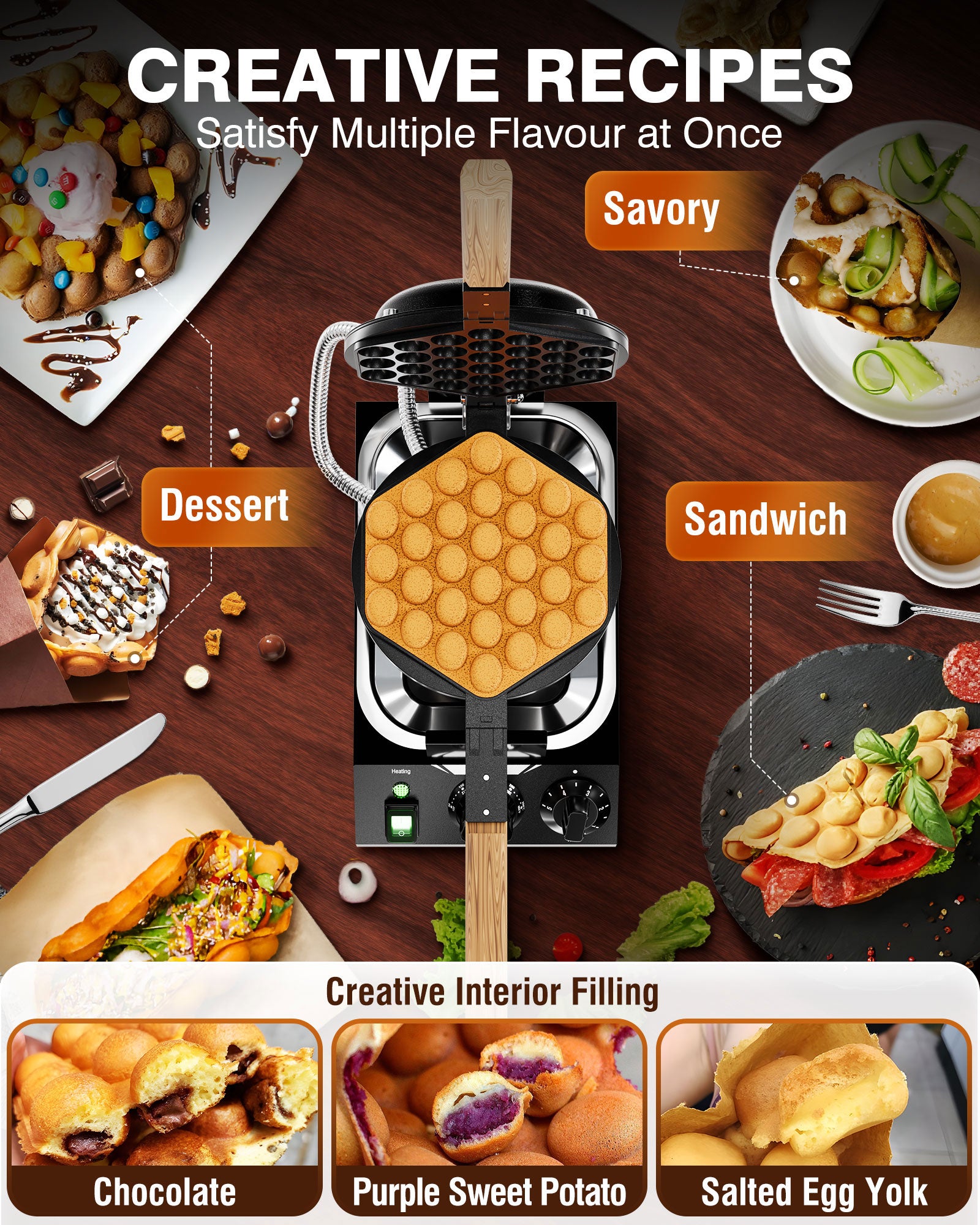PYY Bubble Waffle Maker – 1500W Commercial Egg Puff Waffle Iron with a non-stick coating, 180° rotating design, a wooden handle, and a crumb tray, ideal for making Hong Kong round cones