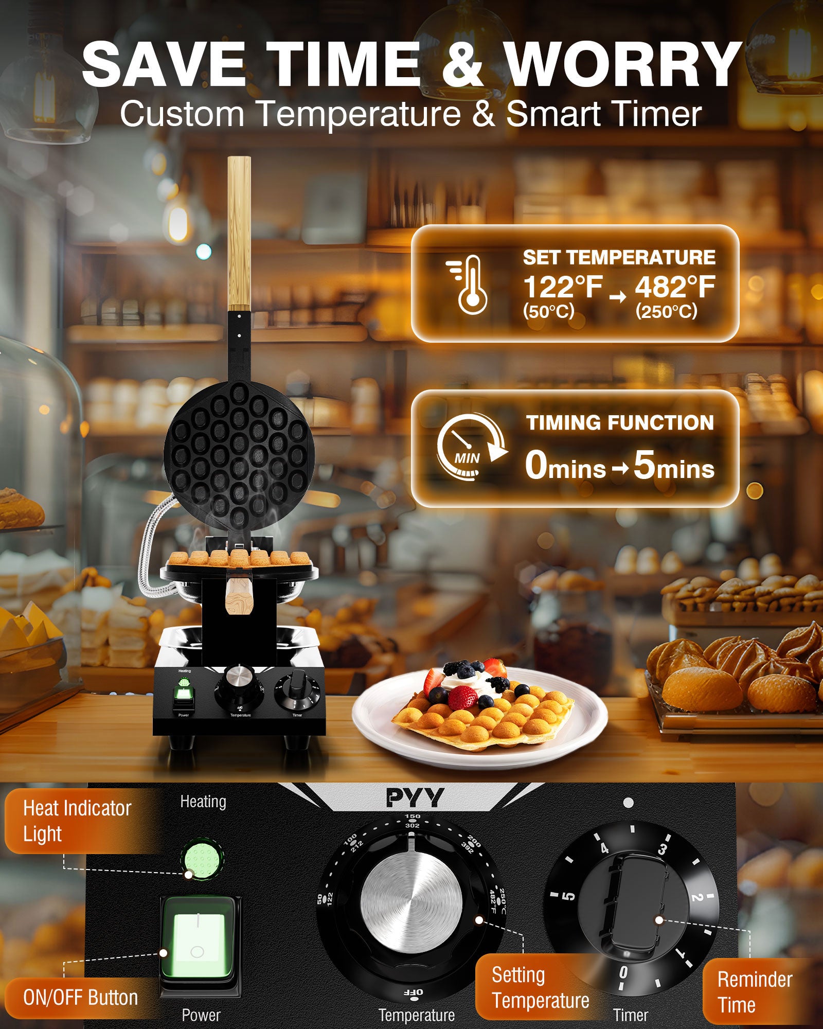 PYY Bubble Waffle Maker – 1500W Commercial Egg Puff Waffle Iron with a non-stick coating, 180° rotating design, a wooden handle, and a crumb tray, ideal for making Hong Kong round cones