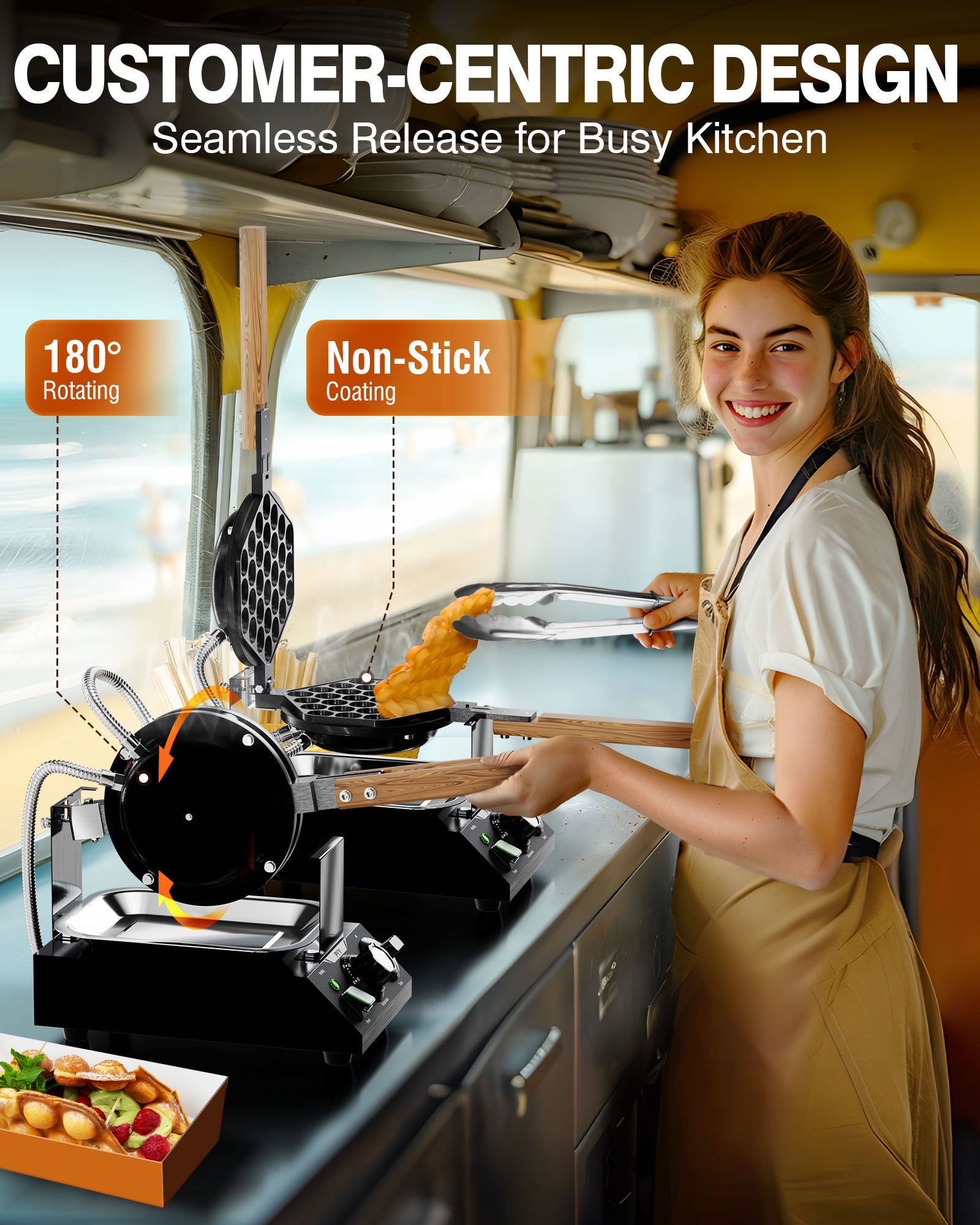 PYY Bubble Waffle Maker – 1500W Commercial Egg Puff Waffle Iron with a non-stick coating, 180° rotating design, a wooden handle, and a crumb tray, ideal for making Hong Kong round cones