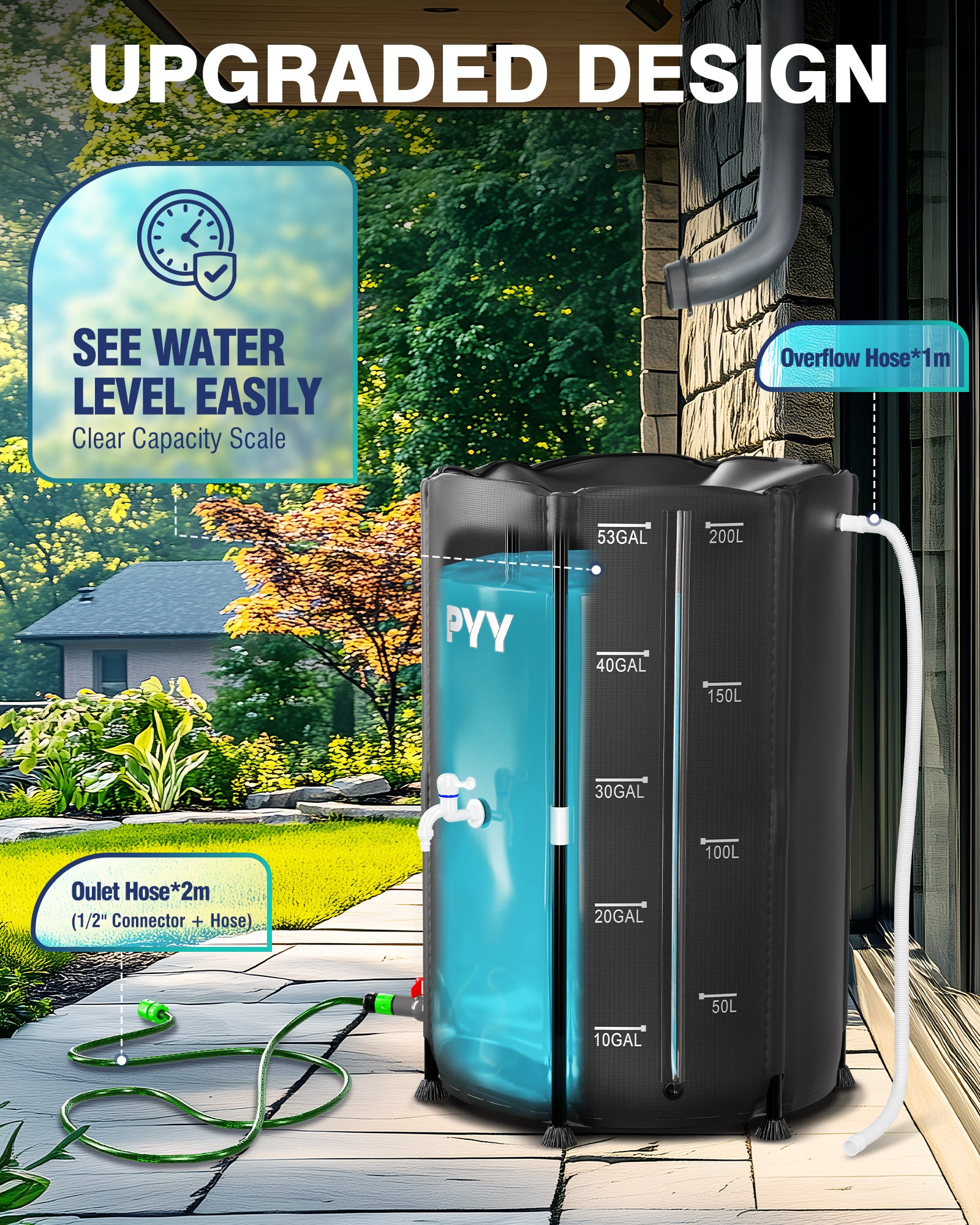 PYY Rain Water Collection Barrel - 53 Gallon Black Water Storage Tank with Spigot, Hose and Portable Bucket, Large Plastic Collapsible Rain Catcher Catchment System to Collect Rainwater from Gutter