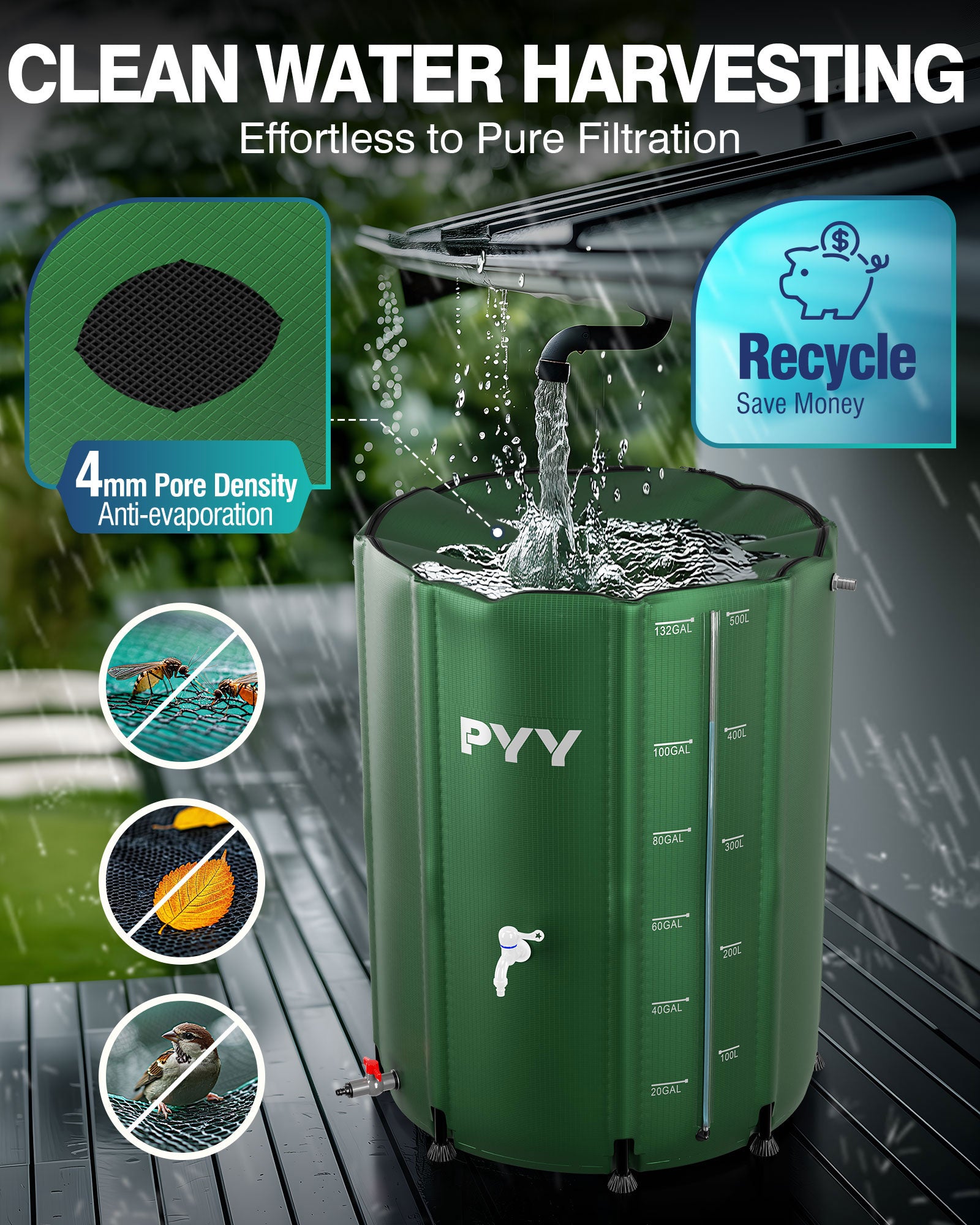 PYY Rain Water Collection Barrel - 100 Gallon Water Storage Tank with Spigots, Portable Rain Catcher to Collect Rainwater from Gutter, Large Plastic Rain Catchment System with Collapsible Bucket