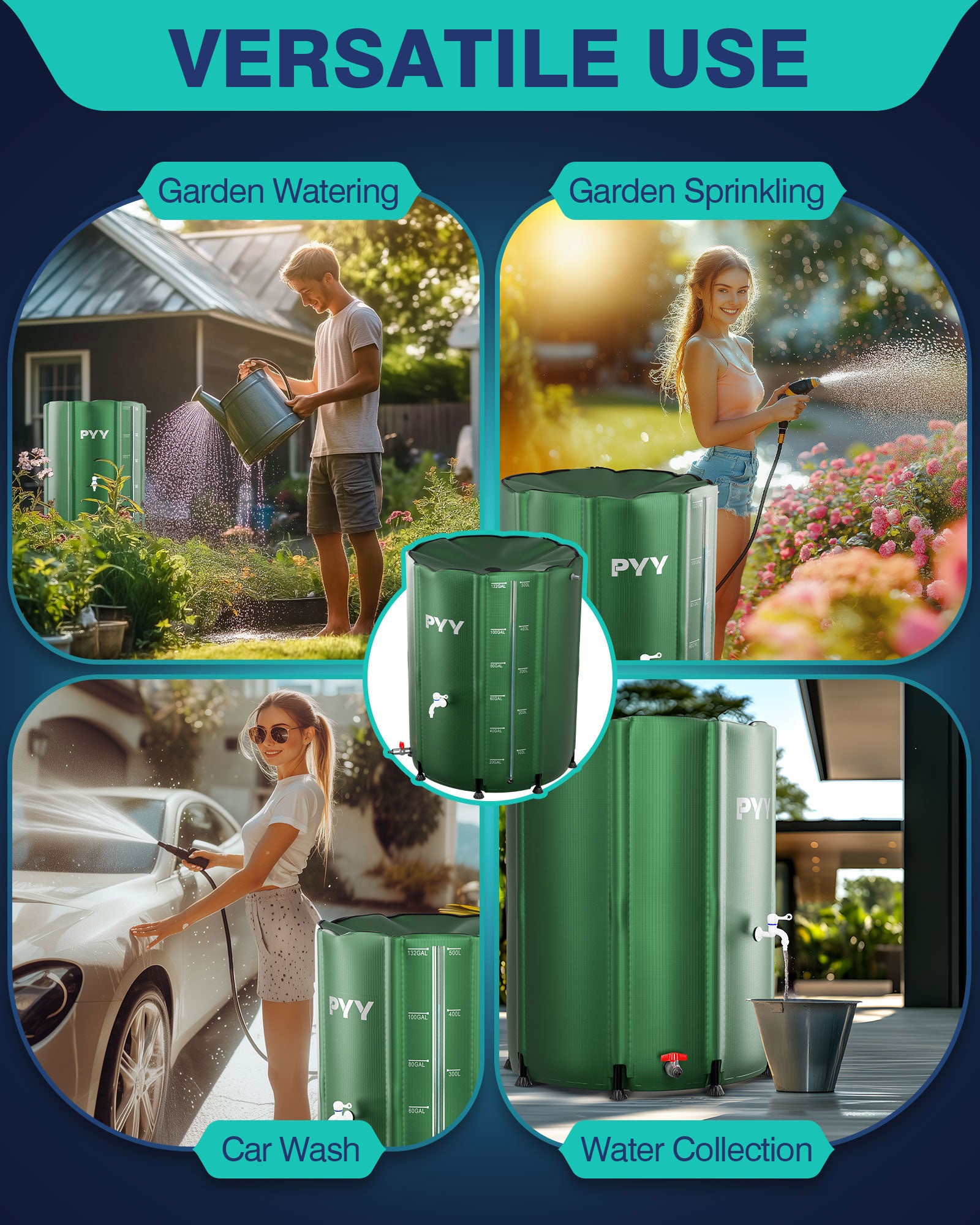 PYY Rain Water Collection Barrel - 100 Gallon Water Storage Tank with Spigots, Portable Rain Catcher to Collect Rainwater from Gutter, Large Plastic Rain Catchment System with Collapsible Bucket