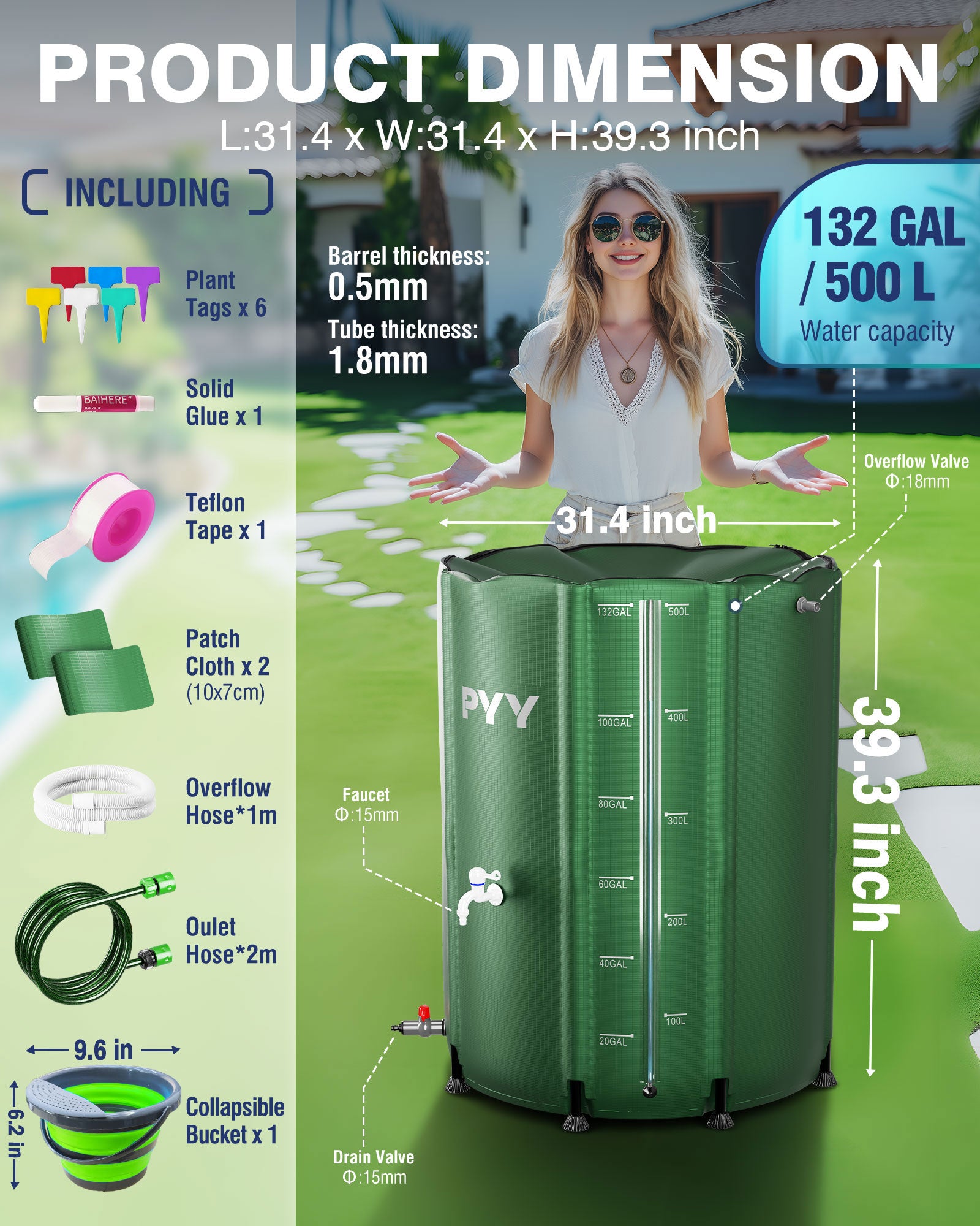 PYY Rain Water Collection Barrel - 100 Gallon Water Storage Tank with Spigots, Portable Rain Catcher to Collect Rainwater from Gutter, Large Plastic Rain Catchment System with Collapsible Bucket