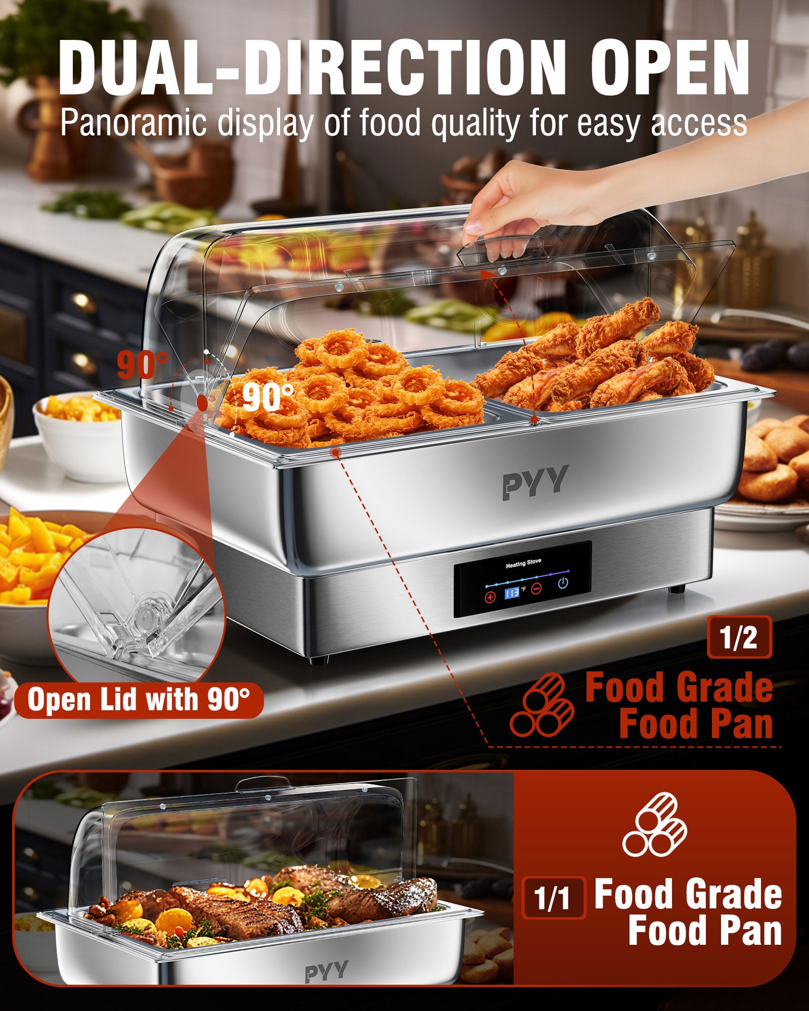 PYY Electric Chafing Dish for Buffet - Stainless Steel Electric Buffet Servers and Warmers, Max. 185F Temp Control, Electric Food Warmers for Parties Buffet Catering, 400W