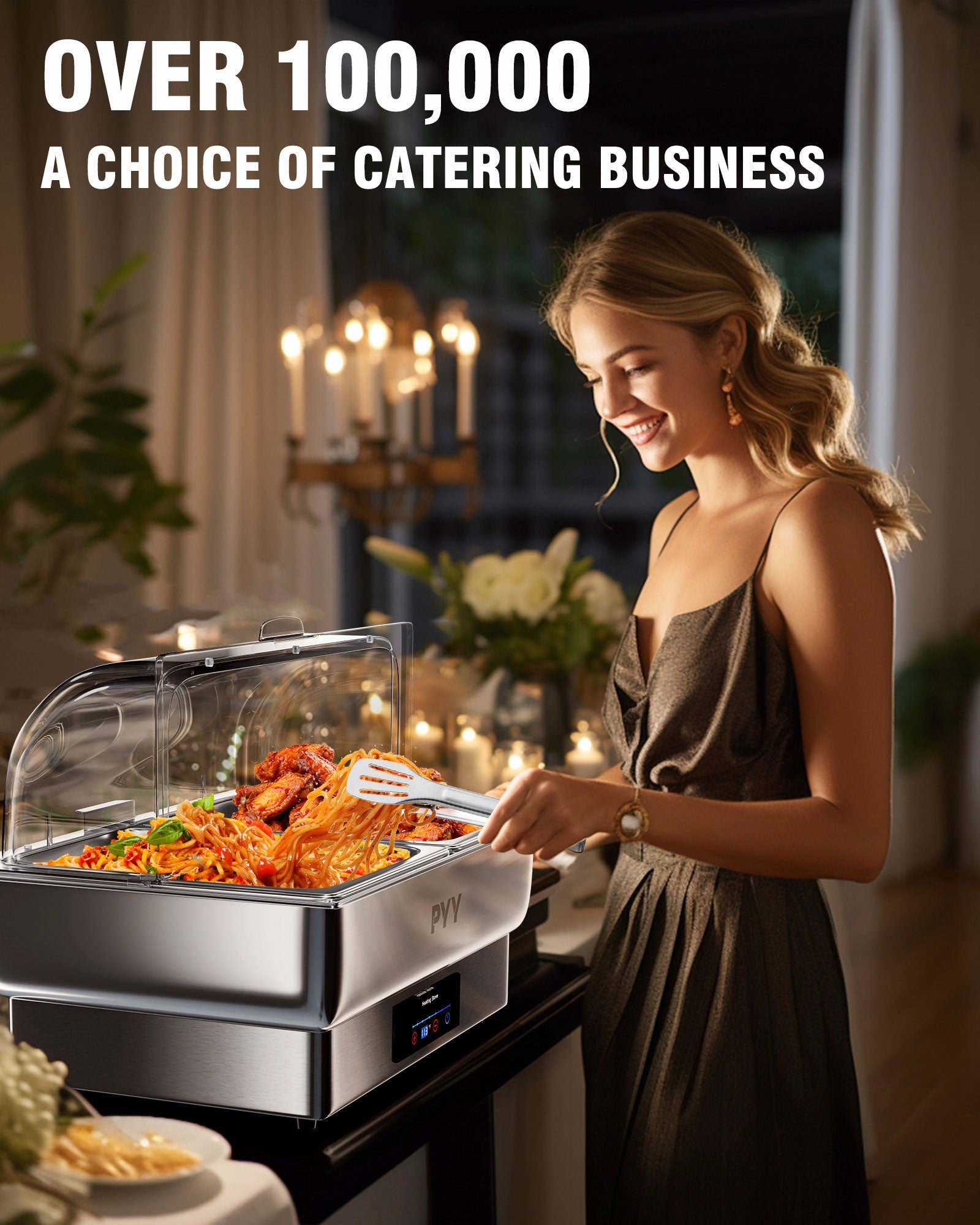 PYY Electric Chafing Dish for Buffet - Stainless Steel Electric Buffet Servers and Warmers, Max. 185F Temp Control, Electric Food Warmers for Parties Buffet Catering, 400W