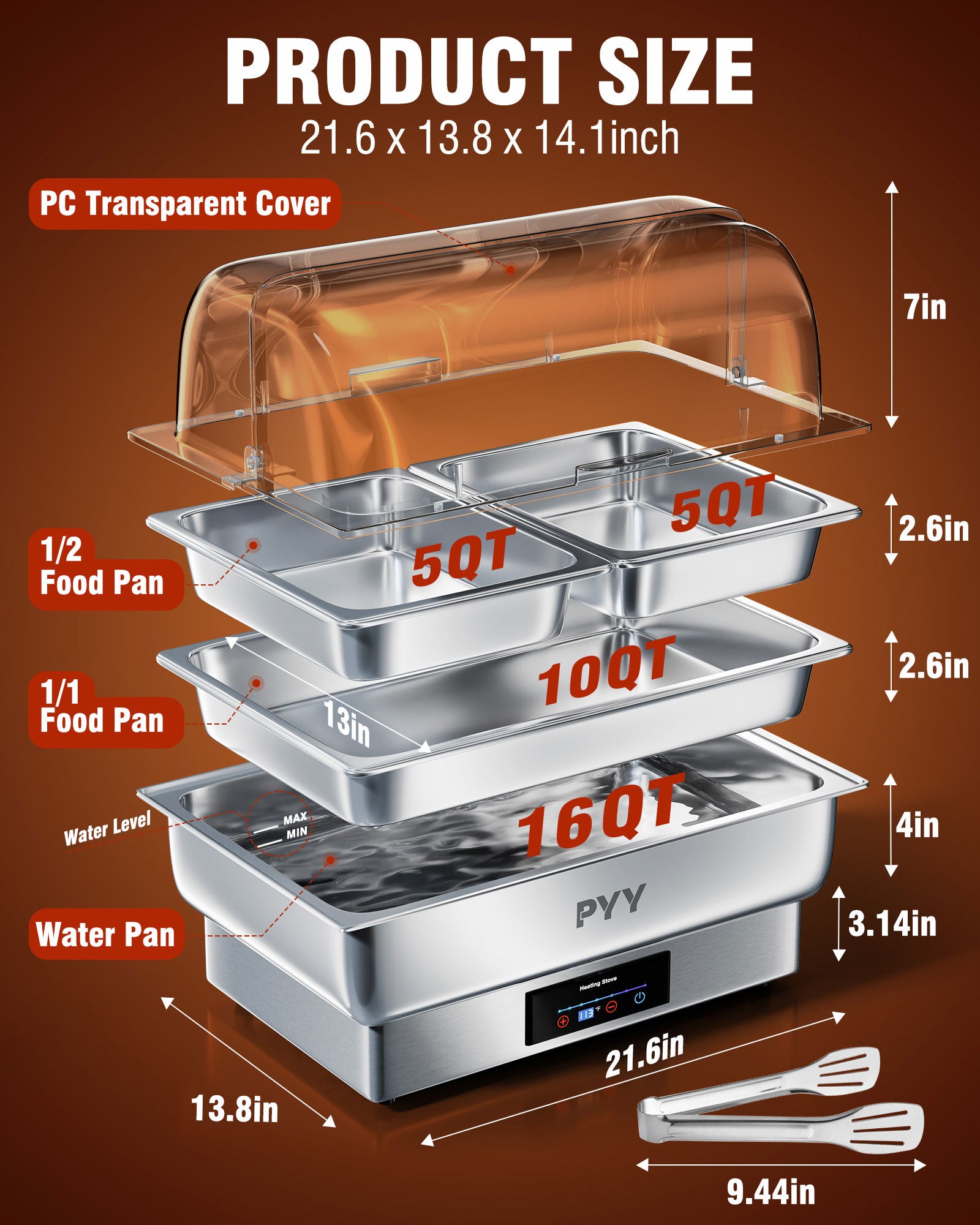 PYY Electric Chafing Dish for Buffet - Stainless Steel Electric Buffet Servers and Warmers, Max. 185F Temp Control, Electric Food Warmers for Parties Buffet Catering, 400W