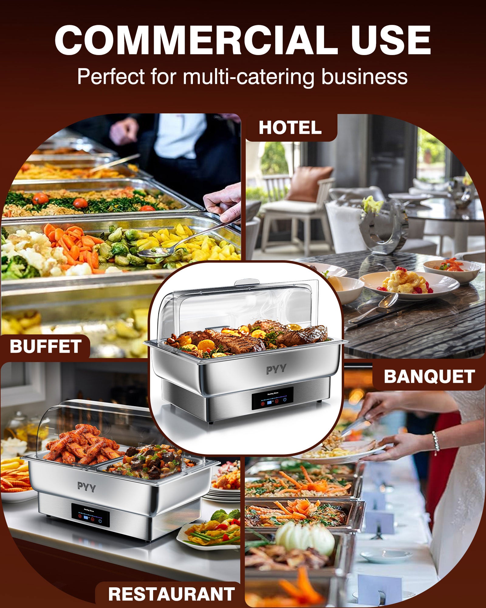 PYY Electric Chafing Dish for Buffet - Stainless Steel Electric Buffet Servers and Warmers, Max. 185F Temp Control, Electric Food Warmers for Parties Buffet Catering, 400W