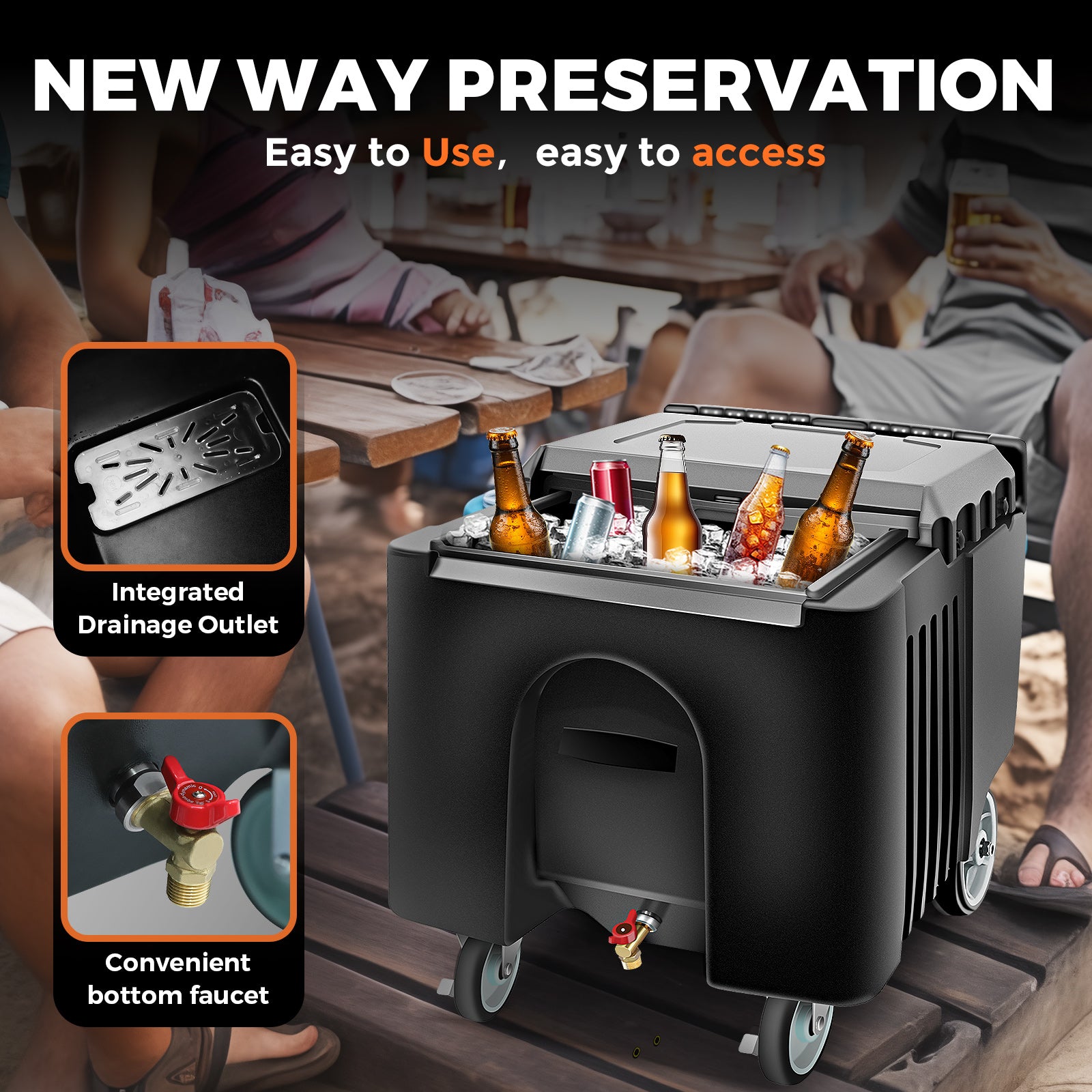 PYY Ice Caddy Bin Commercial - Insulated Rolling Mobile Portable Iced Chest Bucket Container on Wheels with Lid and Handle for Bar, Restaurant, Outdoor Party and Catering 25 Gal 125 Lb. Capacity