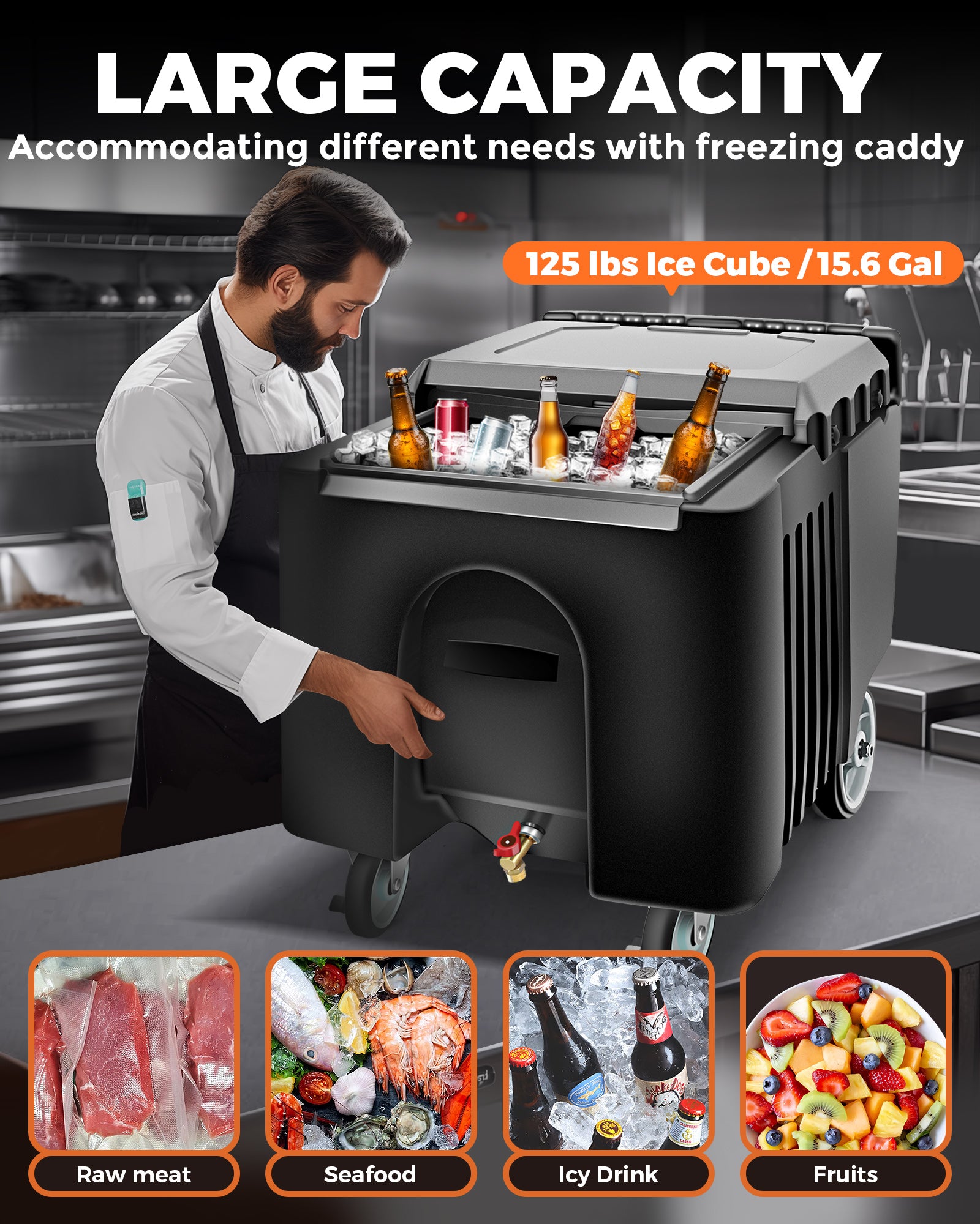 PYY Ice Caddy Bin Commercial - Insulated Rolling Mobile Portable Iced Chest Bucket Container on Wheels with Lid and Handle for Bar, Restaurant, Outdoor Party and Catering 25 Gal 125 Lb. Capacity