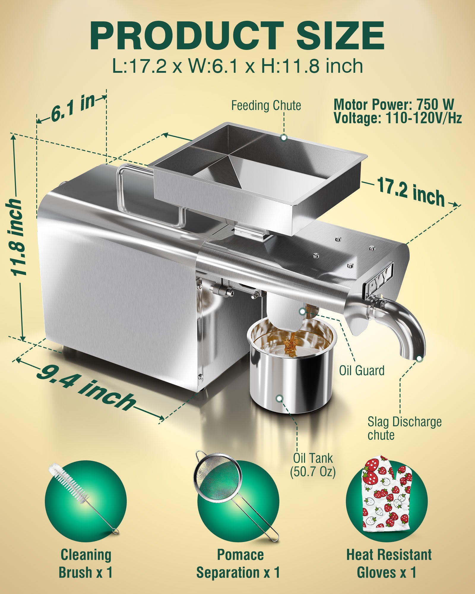 PYY Oil Press Machine - Automatic Electric Oil Maker for Home Commercial, 750W Cold & Hot Press Seeds Nuts Oil Expeller Press Mill, Stainless Steel Household Oil Maker for Peanuts