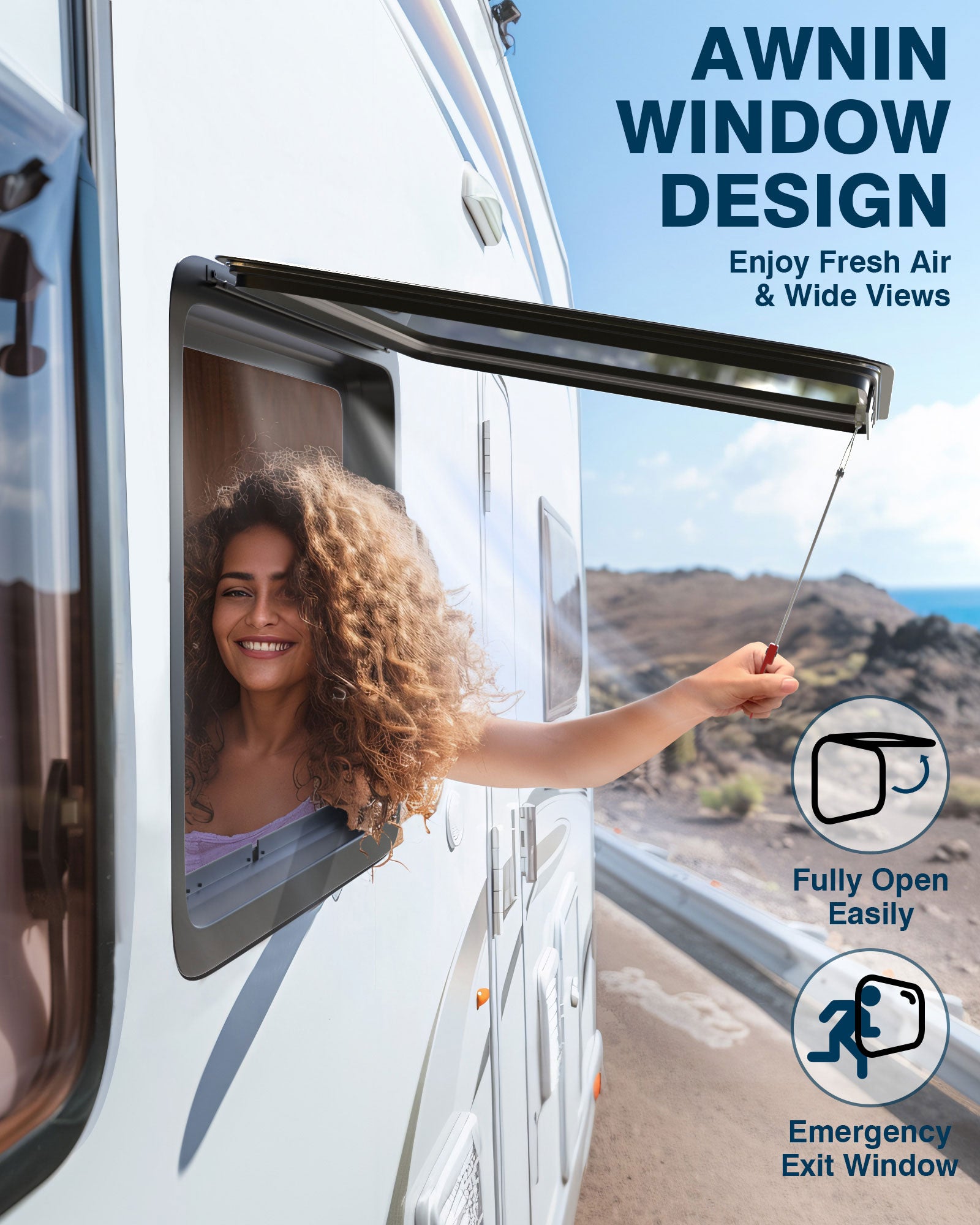 PYY RV Exit Window 30" W X 20" H Horizontal Camper Windows Replacement W/Trim Ring & Screen for 1-3/4" Wall Thickness, RV Emergency Window for Camper Vans Trailers Motorhomes DOT & EMARK Certified