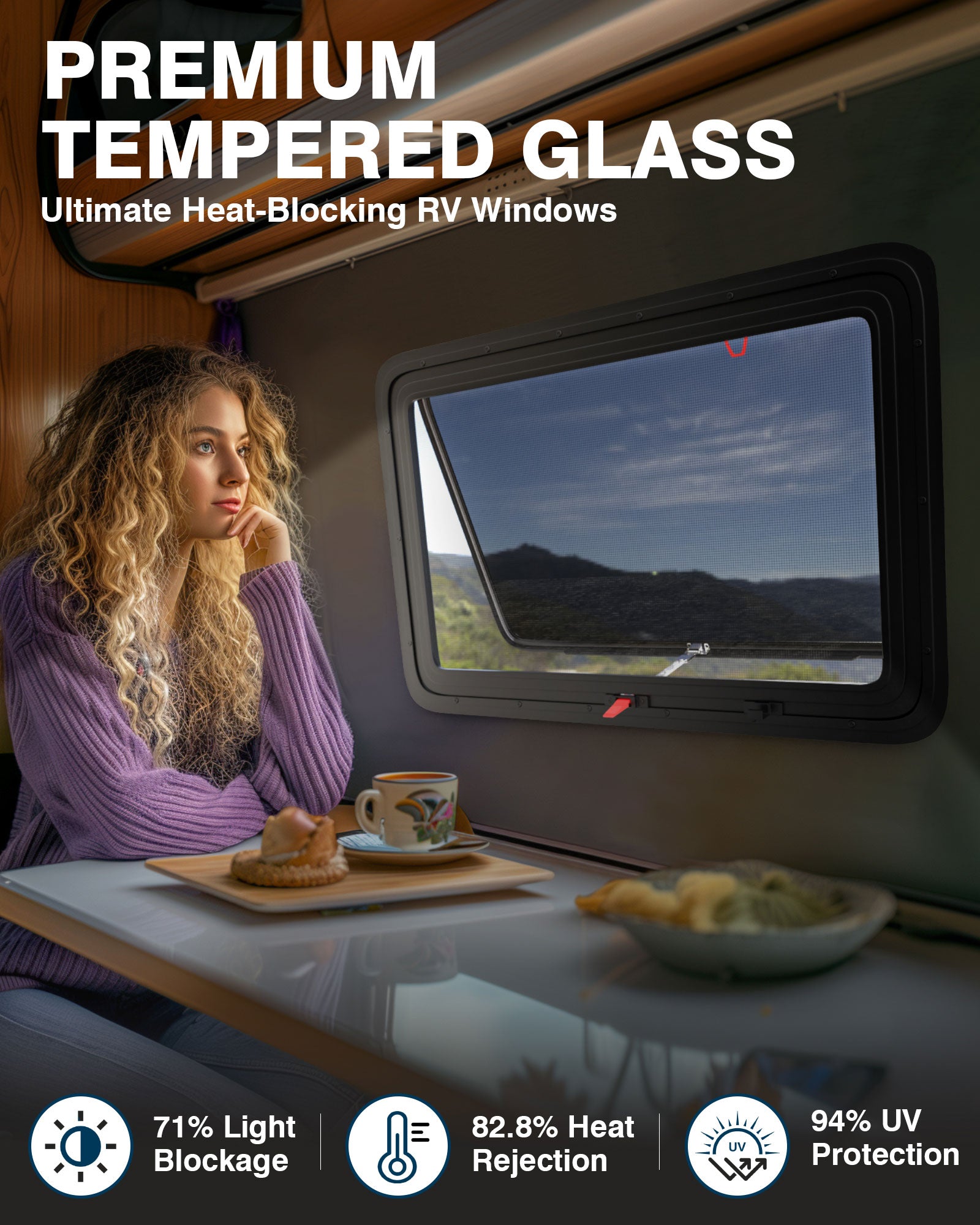PYY RV Exit Window 30" W X 20" H Horizontal Camper Windows Replacement W/Trim Ring & Screen for 1-3/4" Wall Thickness, RV Emergency Window for Camper Vans Trailers Motorhomes DOT & EMARK Certified