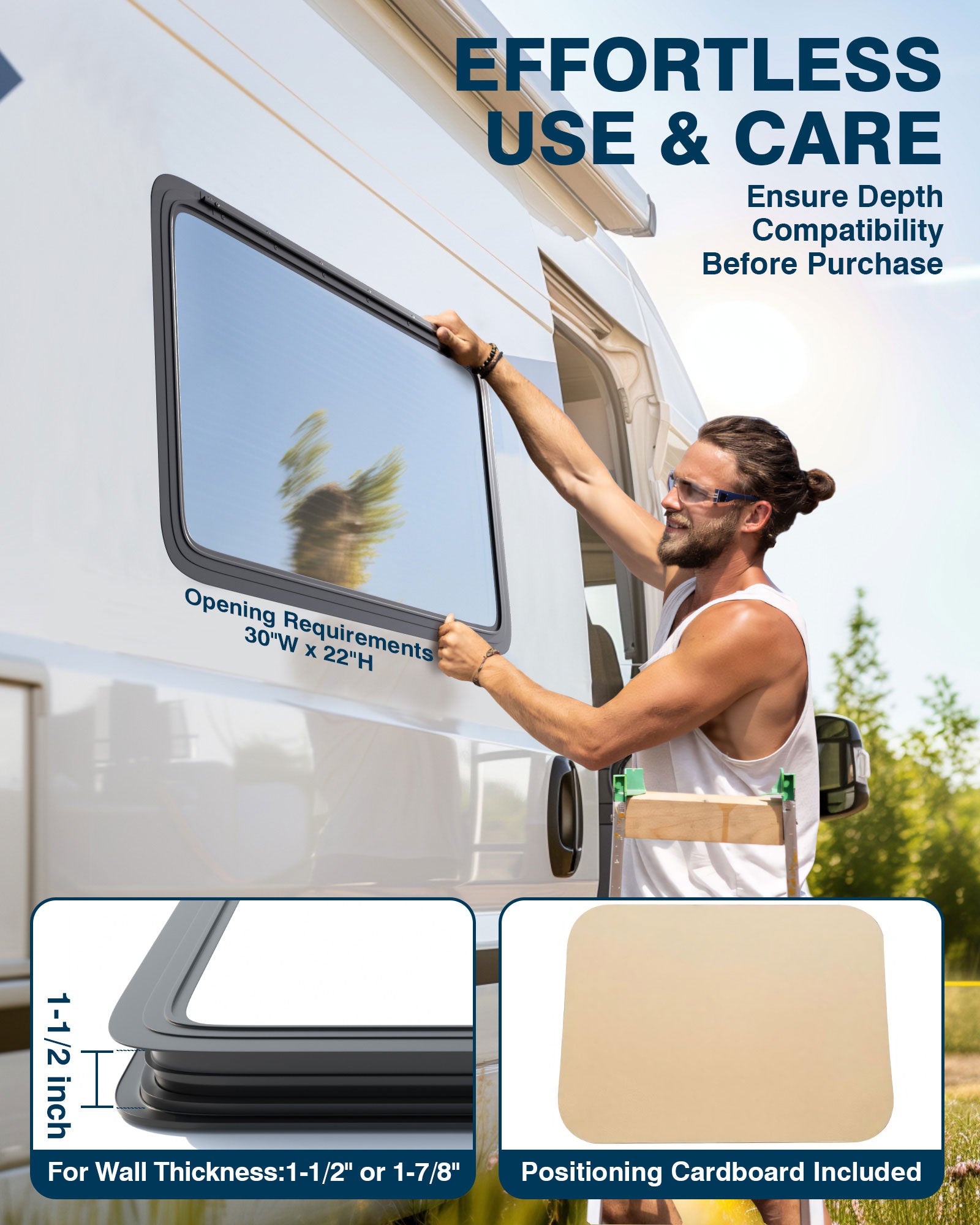 PYY RV Exit Window 30" W X 20" H Horizontal Camper Windows Replacement W/Trim Ring & Screen for 1-3/4" Wall Thickness, RV Emergency Window for Camper Vans Trailers Motorhomes DOT & EMARK Certified