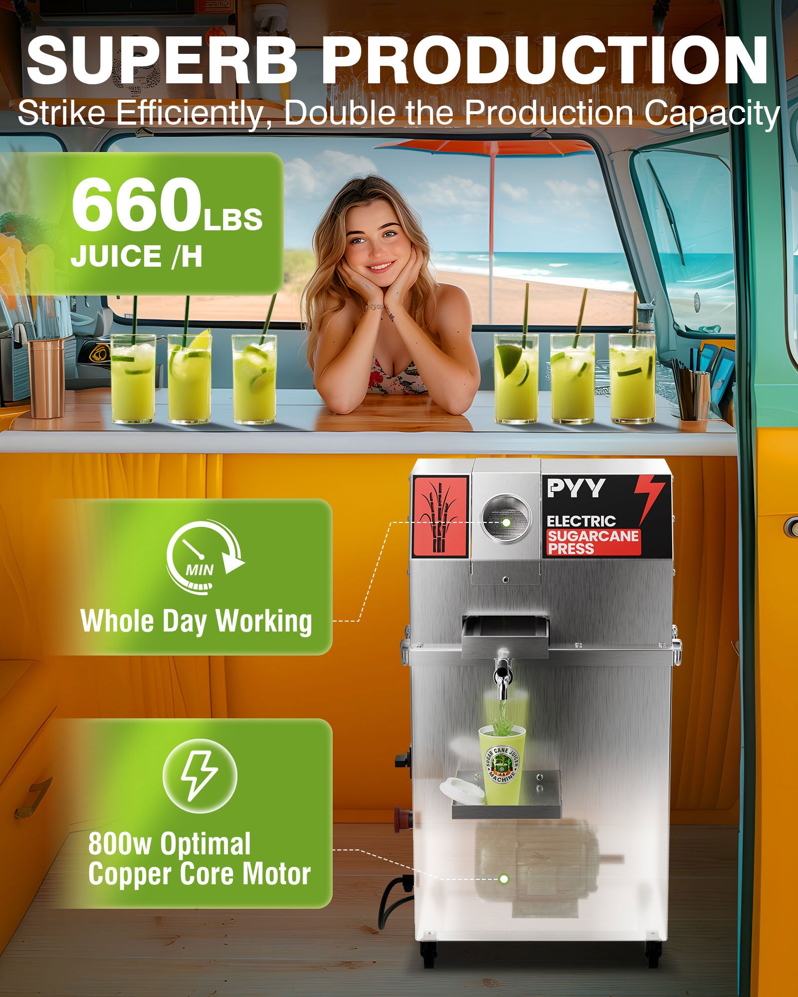 PYY Sugar Cane Juicer Machine - Commercial Electric 3-Rollers Sugarcane Juice Press Stainless Steel Extractor, Guarapera de Caña de Azúcar Eléctrica with 4 Wheels, Cleaning Brush, 2 Peelers