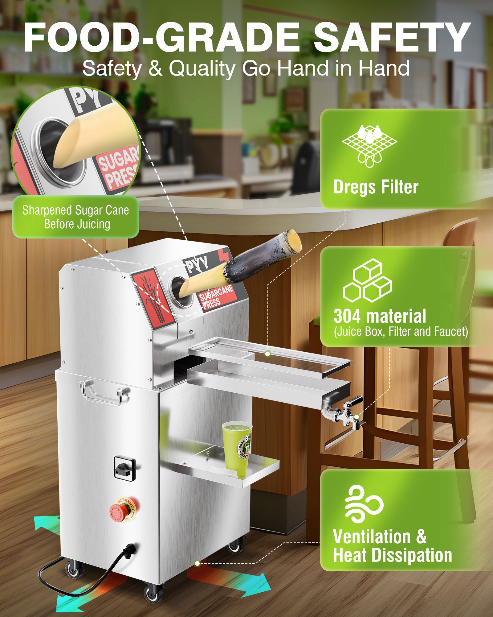 PYY Sugar Cane Juicer Machine - Commercial Electric 3-Rollers Sugarcane Juice Press Stainless Steel Extractor, Guarapera de Caña de Azúcar Eléctrica with 4 Wheels, Cleaning Brush, 2 Peelers