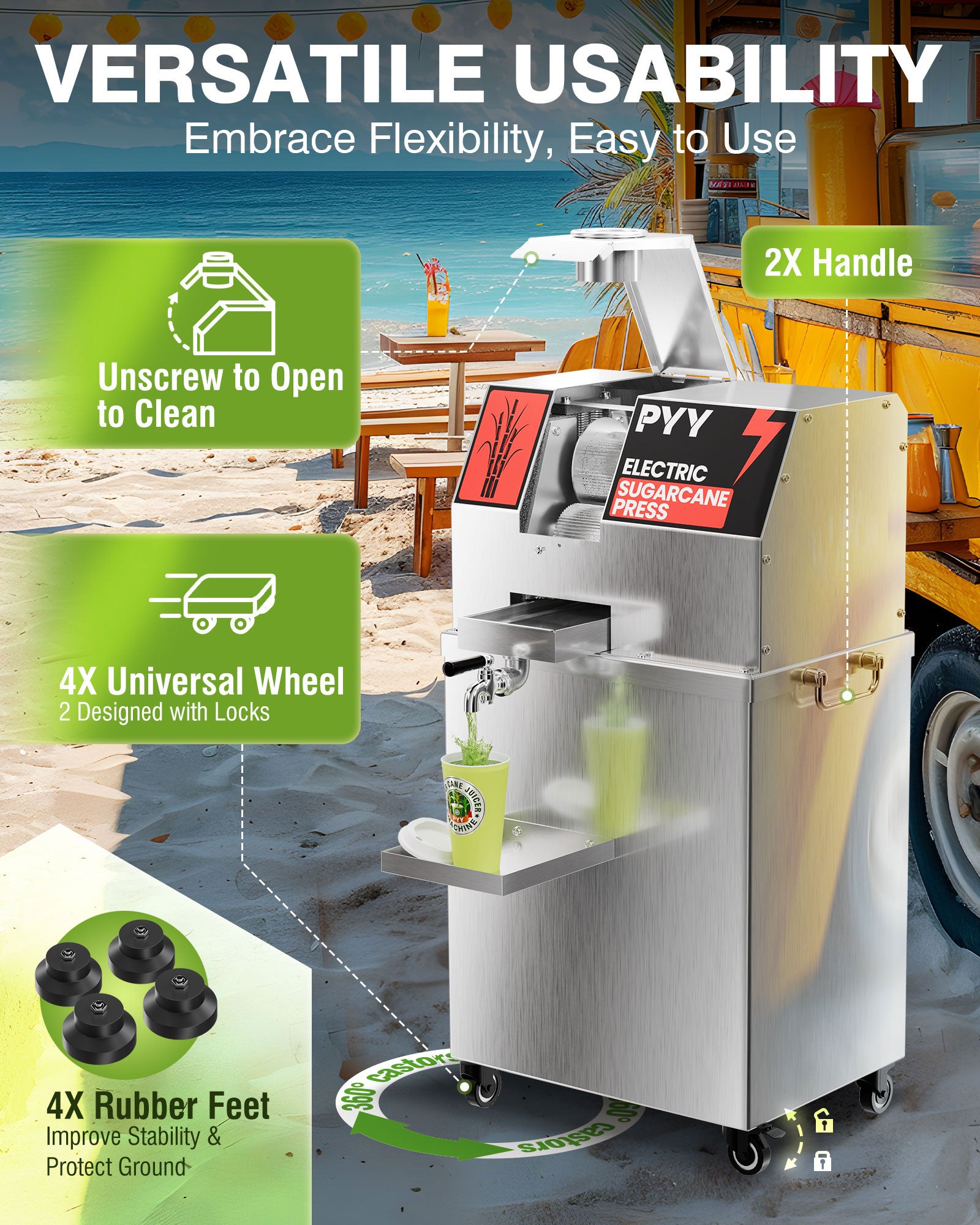 PYY Sugar Cane Juicer Machine - Commercial Electric 3-Rollers Sugarcane Juice Press Stainless Steel Extractor, Guarapera de Caña de Azúcar Eléctrica with 4 Wheels, Cleaning Brush, 2 Peelers