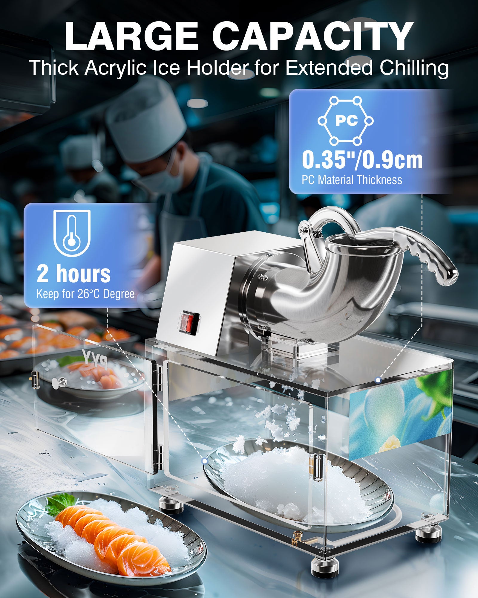 PYY Snow Cone Machine - Commercial Ice Crusher Shaver, Electric Crushed Shaved Snowcone Maker, 440LBS/H 1400RPM All-Copper Motor, Stainless Steel Full Body, Dual Blades, Acrylic Box and Drain Pipe