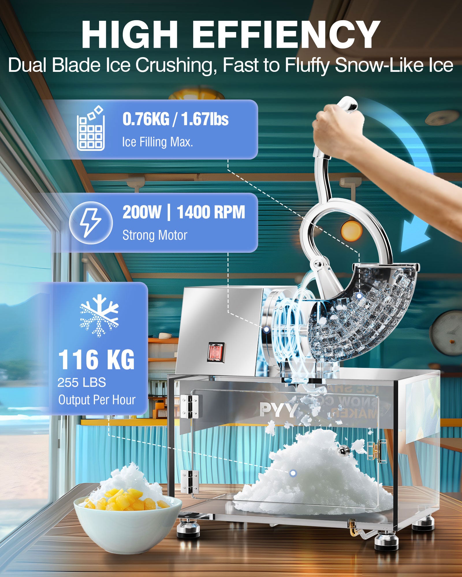 PYY Snow Cone Machine - Commercial Ice Crusher Shaver, Electric Crushed Shaved Snowcone Maker, 440LBS/H 1400RPM All-Copper Motor, Stainless Steel Full Body, Dual Blades, Acrylic Box and Drain Pipe