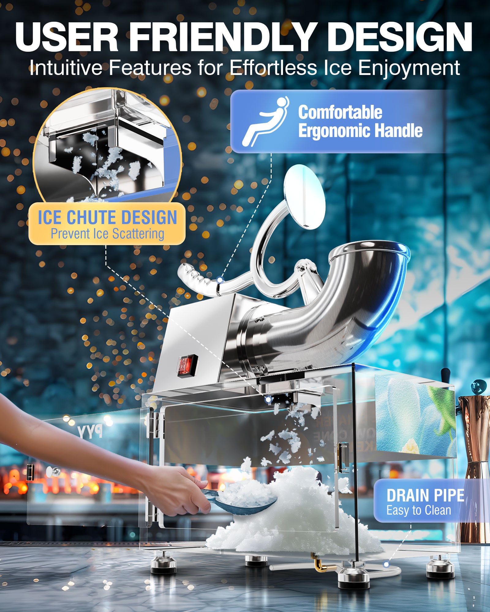 PYY Snow Cone Machine - Commercial Ice Crusher Shaver, Electric Crushed Shaved Snowcone Maker, 440LBS/H 1400RPM All-Copper Motor, Stainless Steel Full Body, Dual Blades, Acrylic Box and Drain Pipe