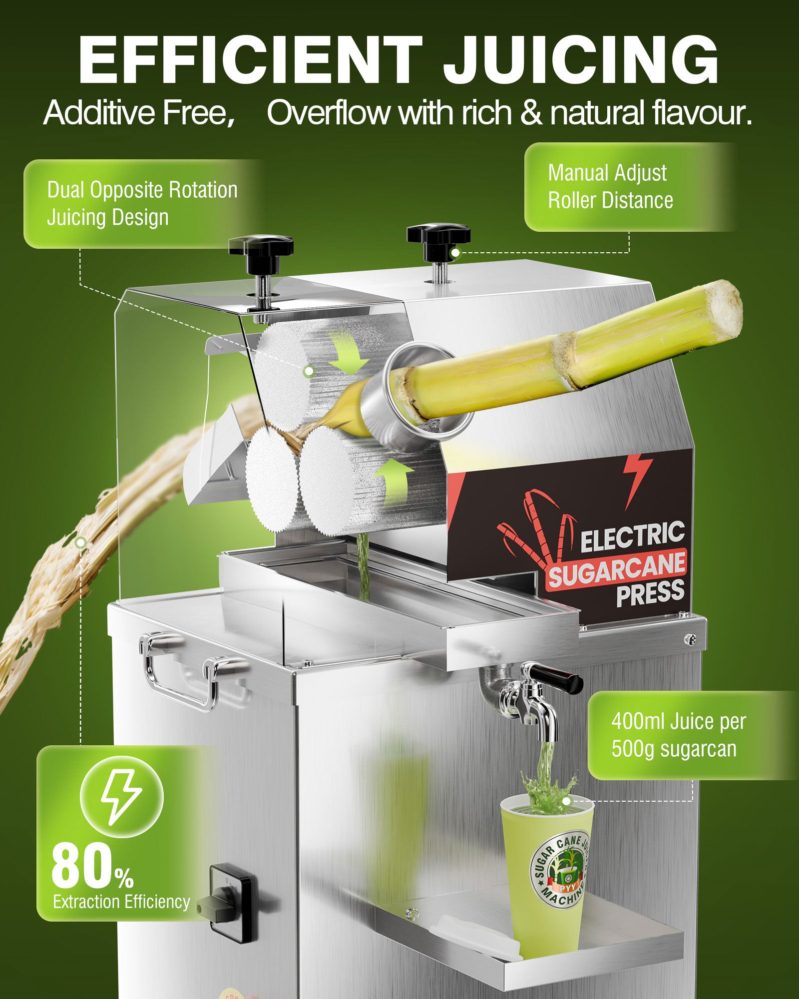 PYY Electric Sugar Cane Juicer - 800W 110V Sugar cane Juicer Machine with 660lbs/hr 28 RPM High Output, 3-Rollers Stainless Steel Sugarcane Juice Extractor Squeezer on Wheels for Home Commercial