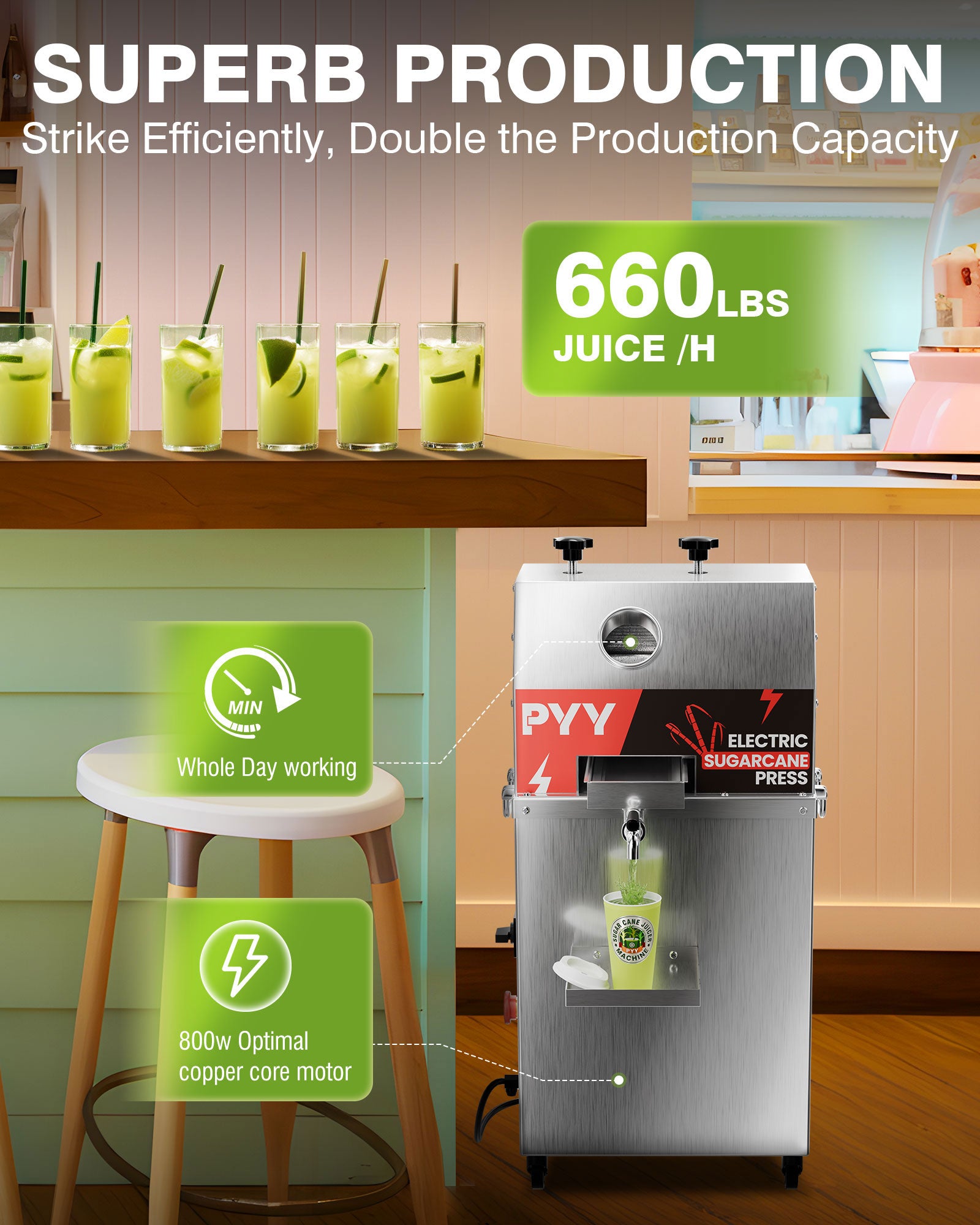 PYY Electric Sugar Cane Juicer - 800W 110V Sugar cane Juicer Machine with 660lbs/hr 28 RPM High Output, 3-Rollers Stainless Steel Sugarcane Juice Extractor Squeezer on Wheels for Home Commercial