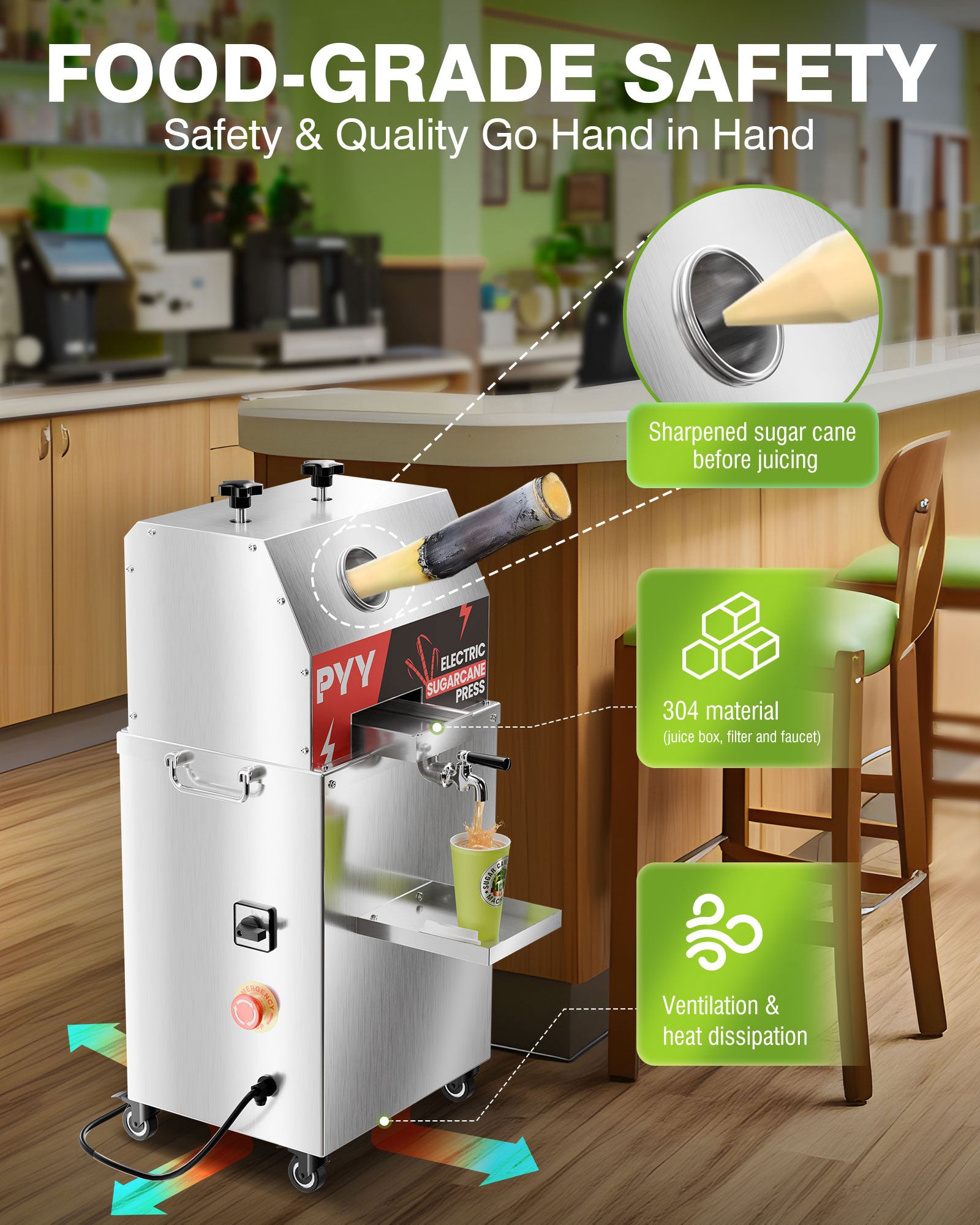 PYY Electric Sugar Cane Juicer - 800W 110V Sugar cane Juicer Machine with 660lbs/hr 28 RPM High Output, 3-Rollers Stainless Steel Sugarcane Juice Extractor Squeezer on Wheels for Home Commercial