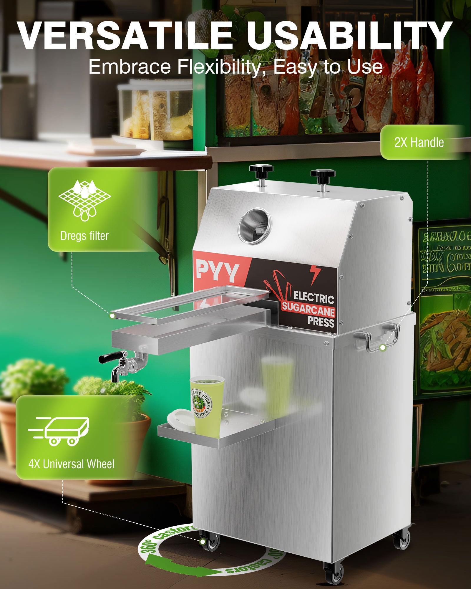 PYY Electric Sugar Cane Juicer - 800W 110V Sugar cane Juicer Machine with 660lbs/hr 28 RPM High Output, 3-Rollers Stainless Steel Sugarcane Juice Extractor Squeezer on Wheels for Home Commercial