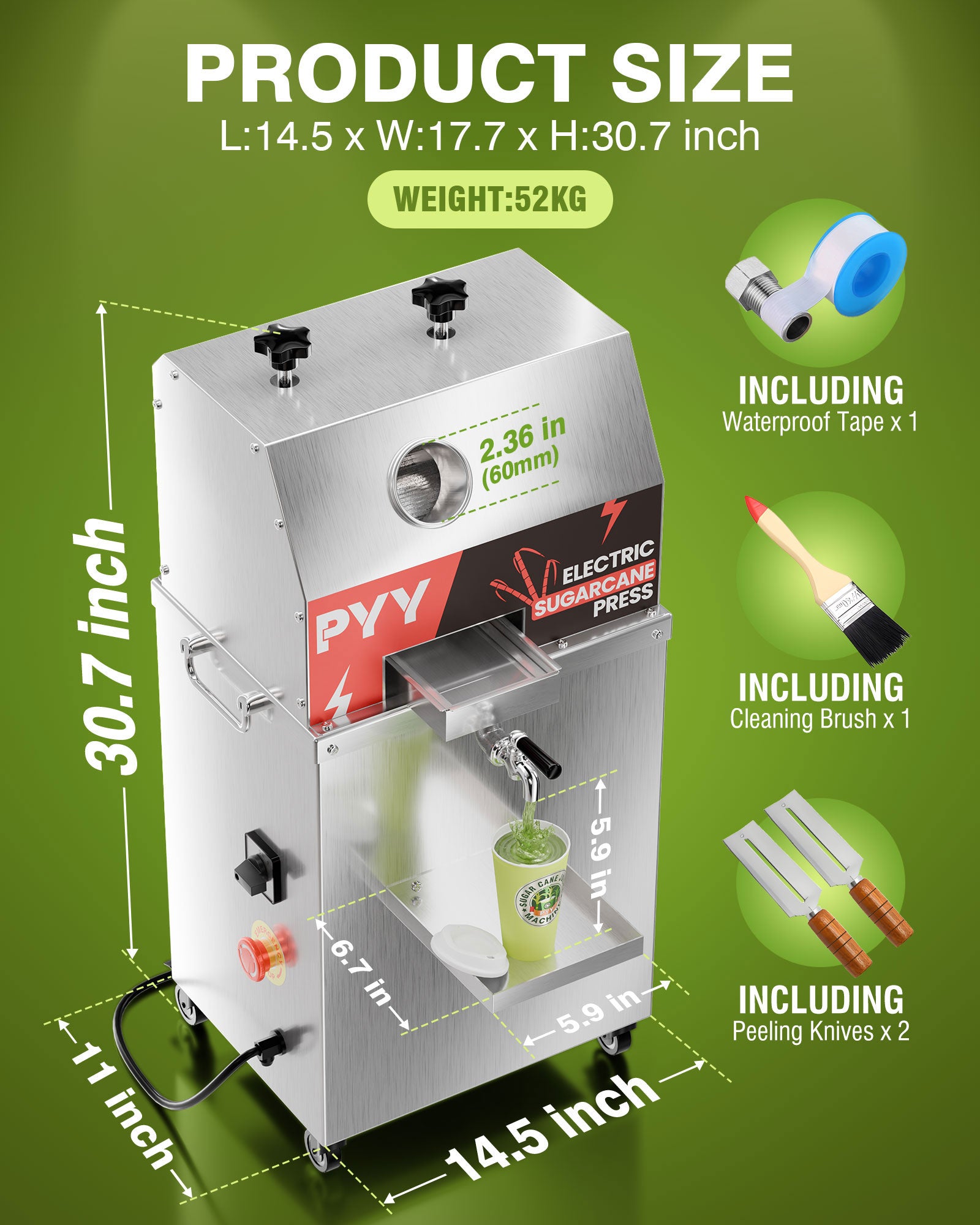 PYY Electric Sugar Cane Juicer - 800W 110V Sugar cane Juicer Machine with 660lbs/hr 28 RPM High Output, 3-Rollers Stainless Steel Sugarcane Juice Extractor Squeezer on Wheels for Home Commercial