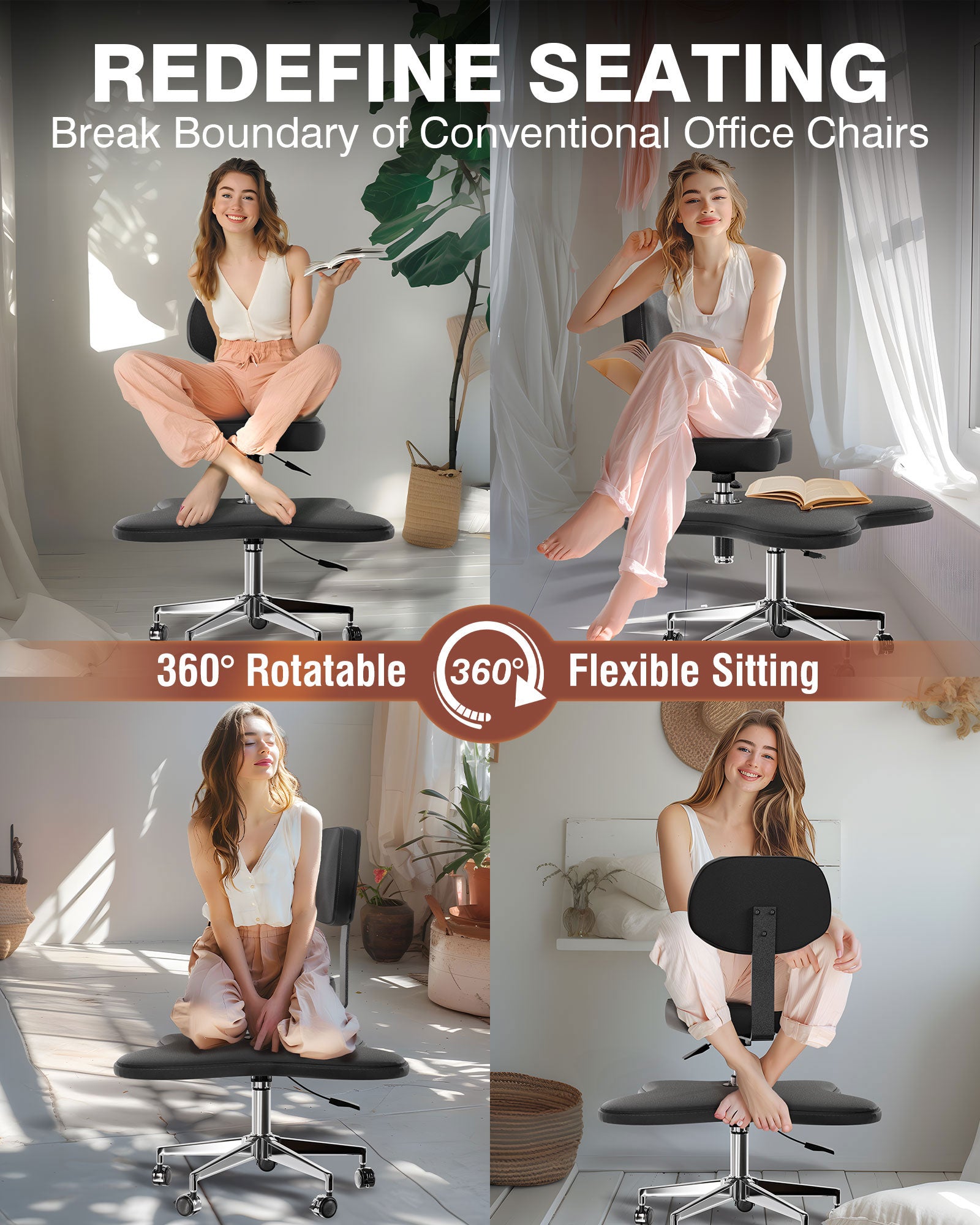 PYY ADHD Chairs for Adults - Meditation Cross Legged Office Chair with Wheels, Ergonomic Fidget Squatting Kneeling Chair Adjustable Height for Home and Office, Lumbar Back Support