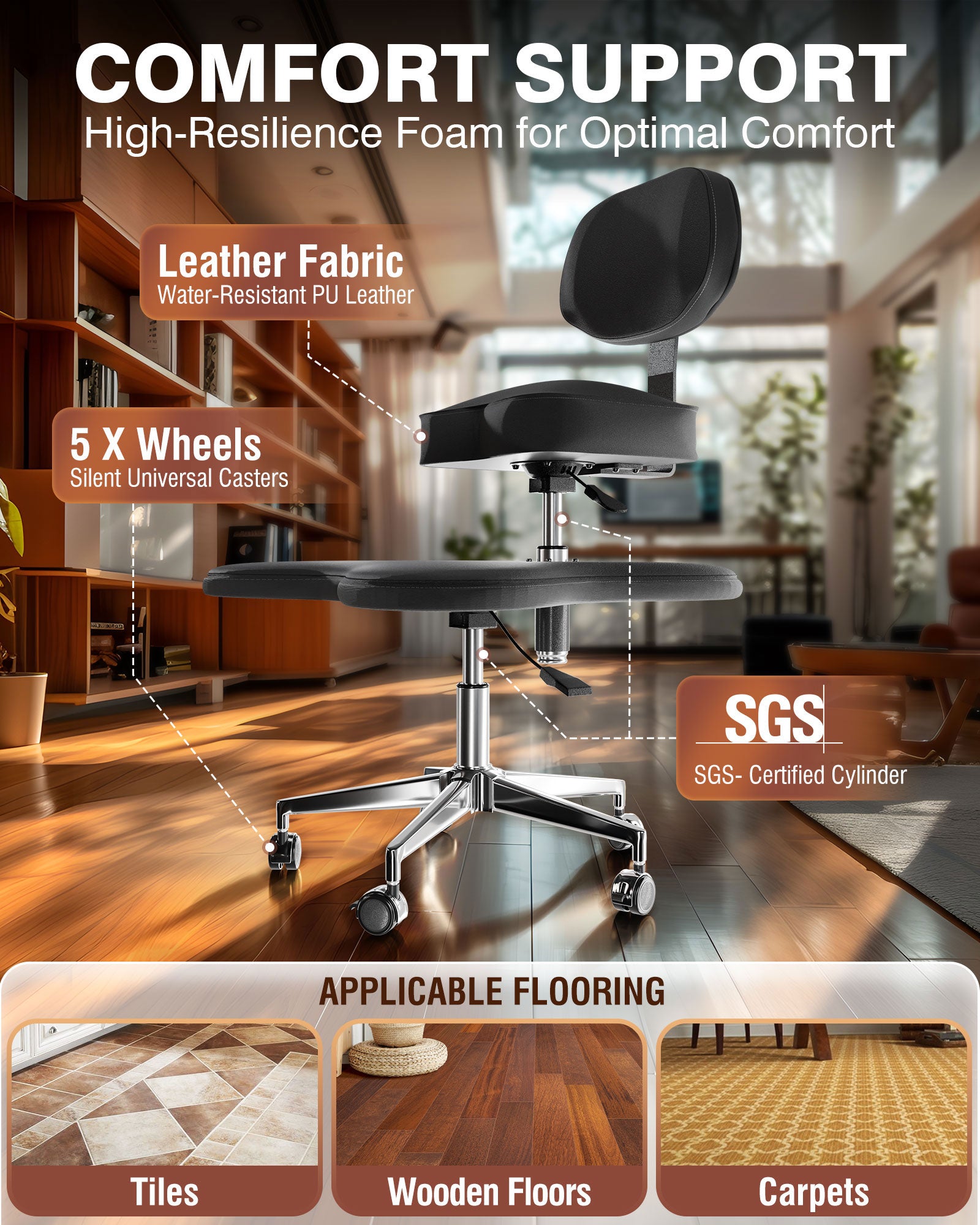 PYY ADHD Chairs for Adults - Meditation Cross Legged Office Chair with Wheels, Ergonomic Fidget Squatting Kneeling Chair Adjustable Height for Home and Office, Lumbar Back Support