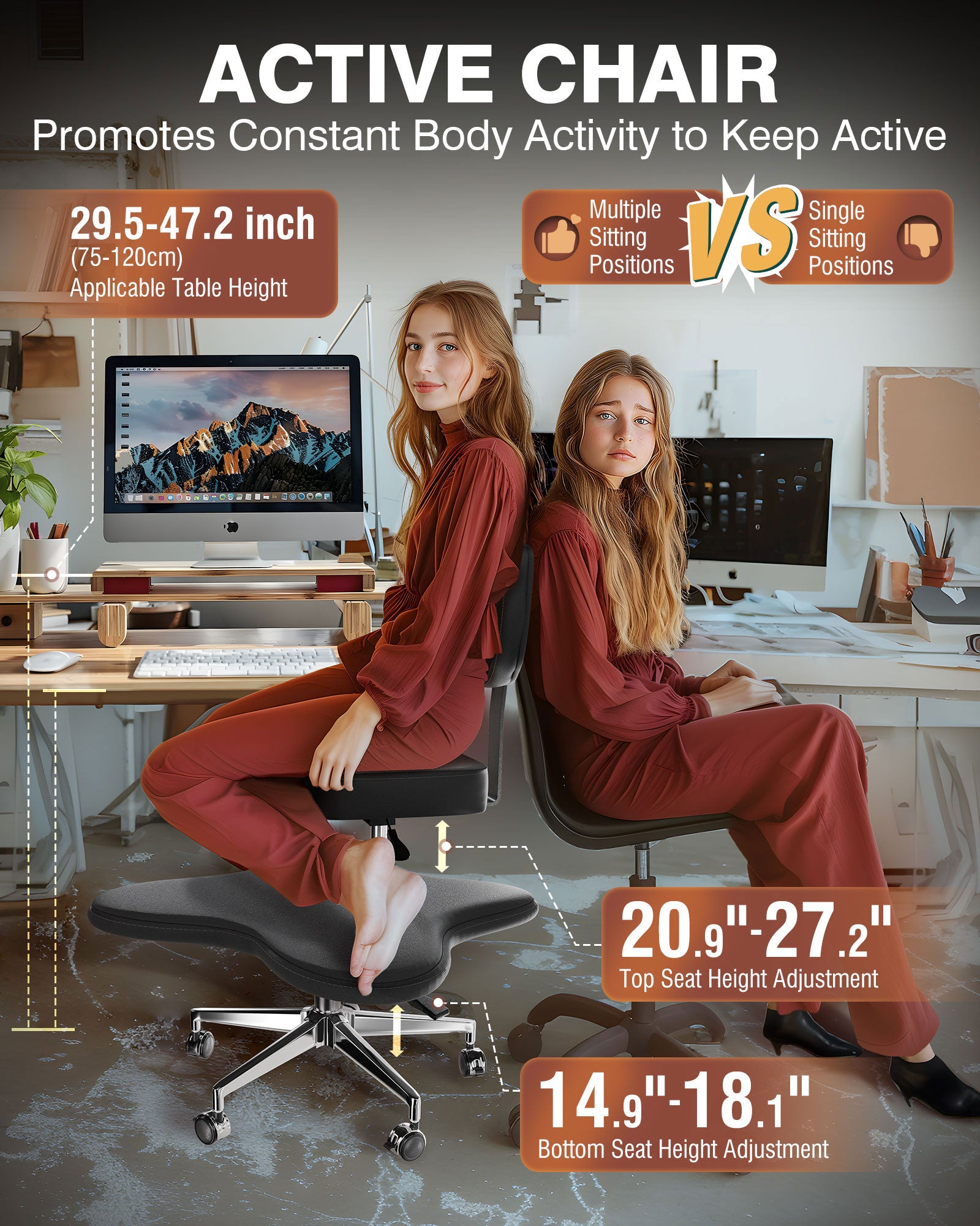 PYY ADHD Chairs for Adults - Meditation Cross Legged Office Chair with Wheels, Ergonomic Fidget Squatting Kneeling Chair Adjustable Height for Home and Office, Lumbar Back Support