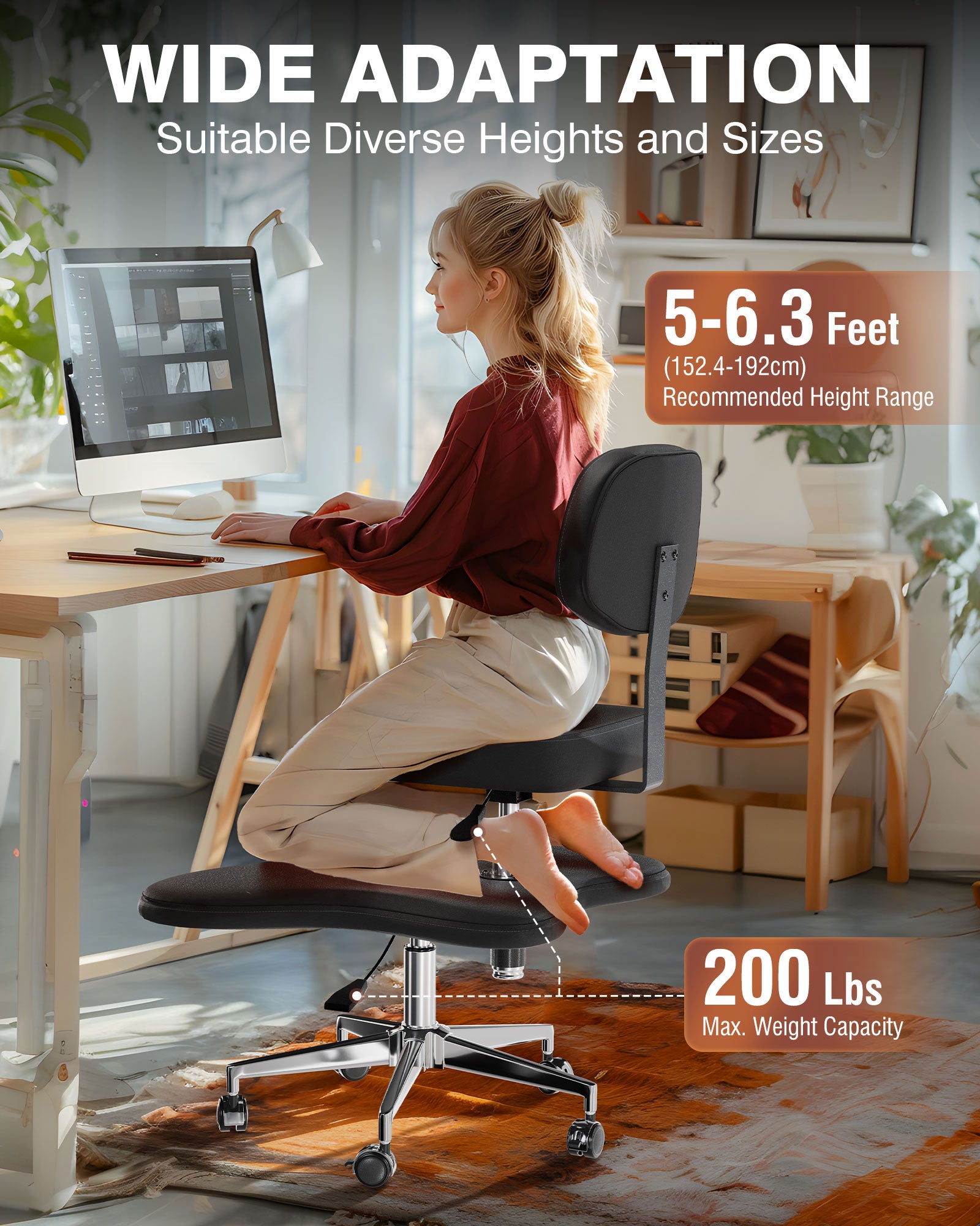 PYY ADHD Chairs for Adults - Meditation Cross Legged Office Chair with Wheels, Ergonomic Fidget Squatting Kneeling Chair Adjustable Height for Home and Office, Lumbar Back Support