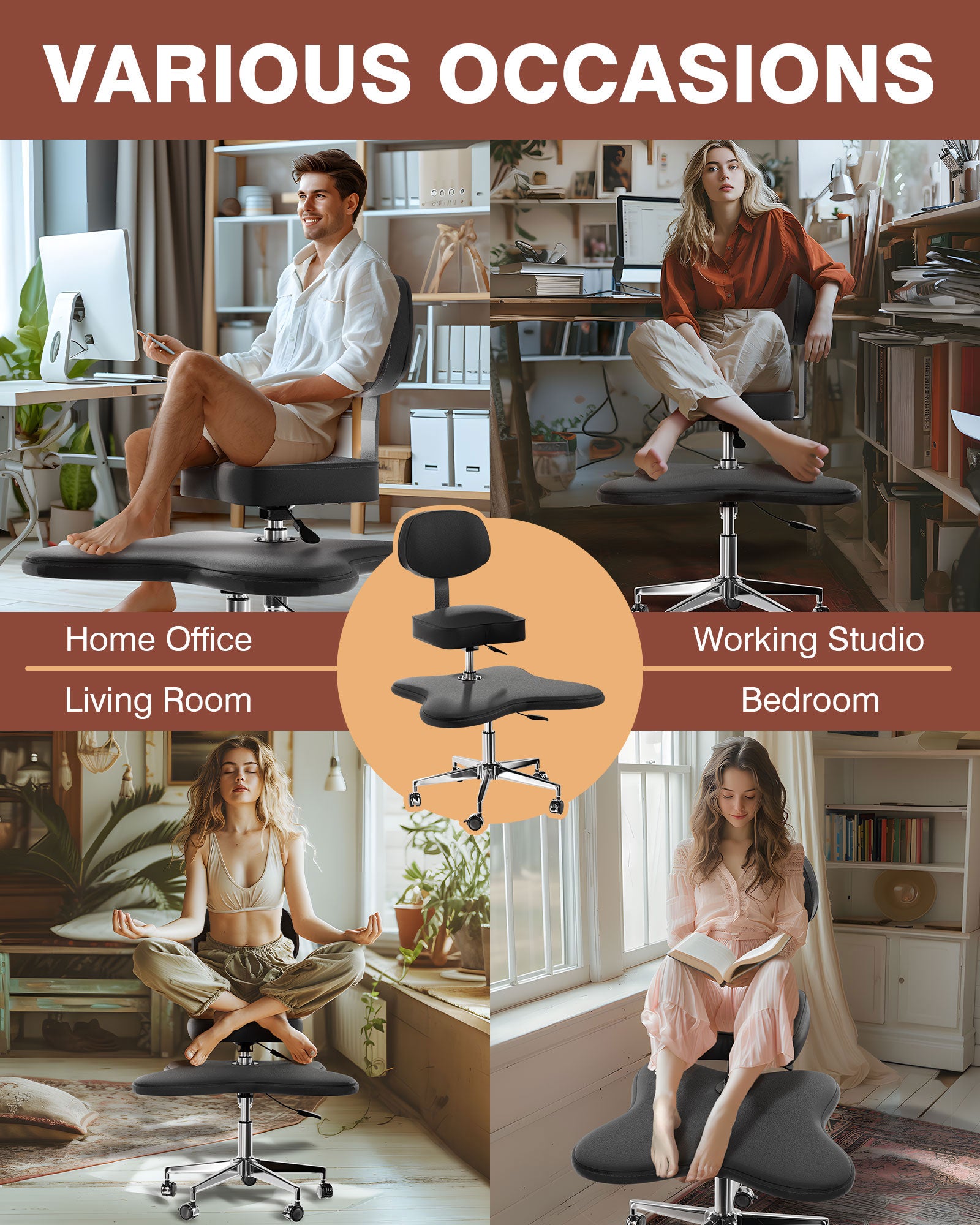 PYY ADHD Chairs for Adults - Meditation Cross Legged Office Chair with Wheels, Ergonomic Fidget Squatting Kneeling Chair Adjustable Height for Home and Office, Lumbar Back Support