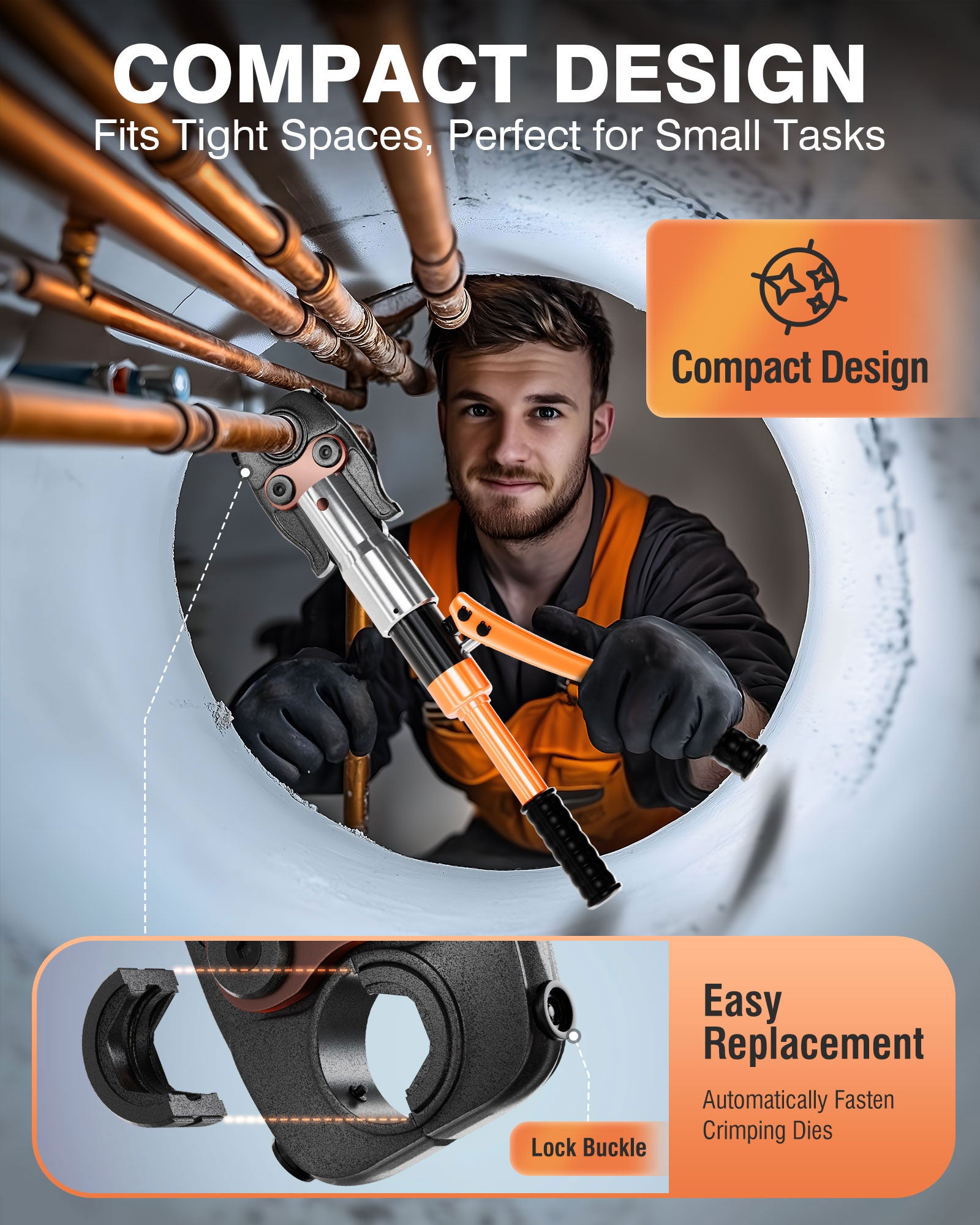 PYY Copper Pipe Crimping Tool - Hydraulic Copper Press Tool w/ 1/2", 3/4", 1" Dies for Copper Tube, Crimp Tool, Copper Pipe Press Tool for Narrow Space, Tee Fitting
