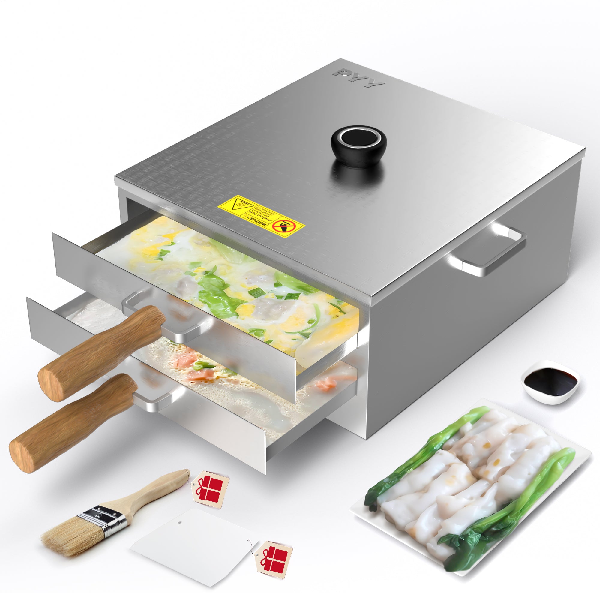 PYY Rice Noodle Roll Steamer Machine - 2 Layers 3 Trays Chinese Cantonese Cheung Fun Changfen Maker Cooker for Commercial and Home Kitchen with Extra Stainless Steel Steam Tray and Wooden Handle