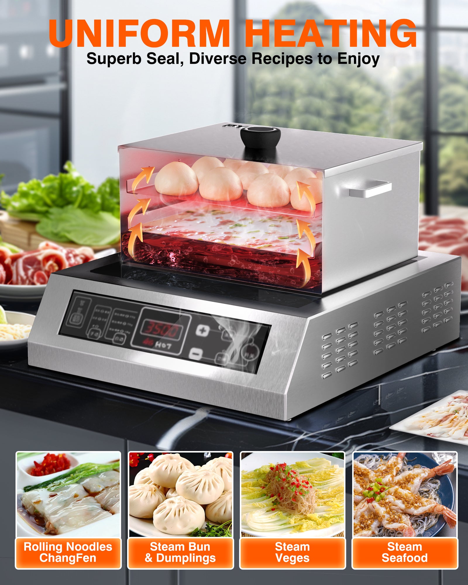 PYY Rice Noodle Roll Steamer Machine - 2 Layers 3 Trays Chinese Cantonese Cheung Fun Changfen Maker for Commercial and Home Use with Extra Stainless Steel Holed Steam Tray and Long Wooden Handle