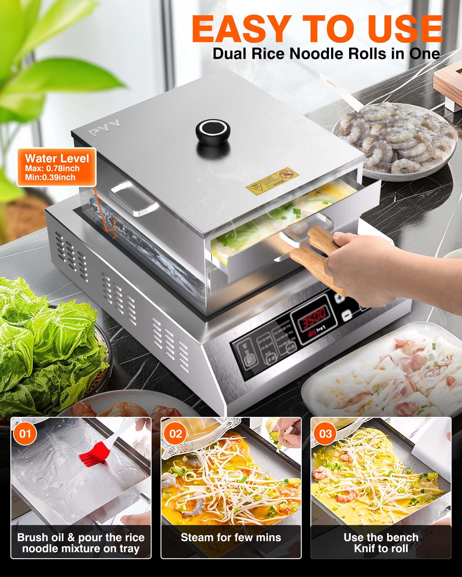 PYY Rice Noodle Roll Steamer Machine - 2 Layers 3 Trays Chinese Cantonese Cheung Fun Changfen Maker for Commercial and Home Use with Extra Stainless Steel Holed Steam Tray and Long Wooden Handle