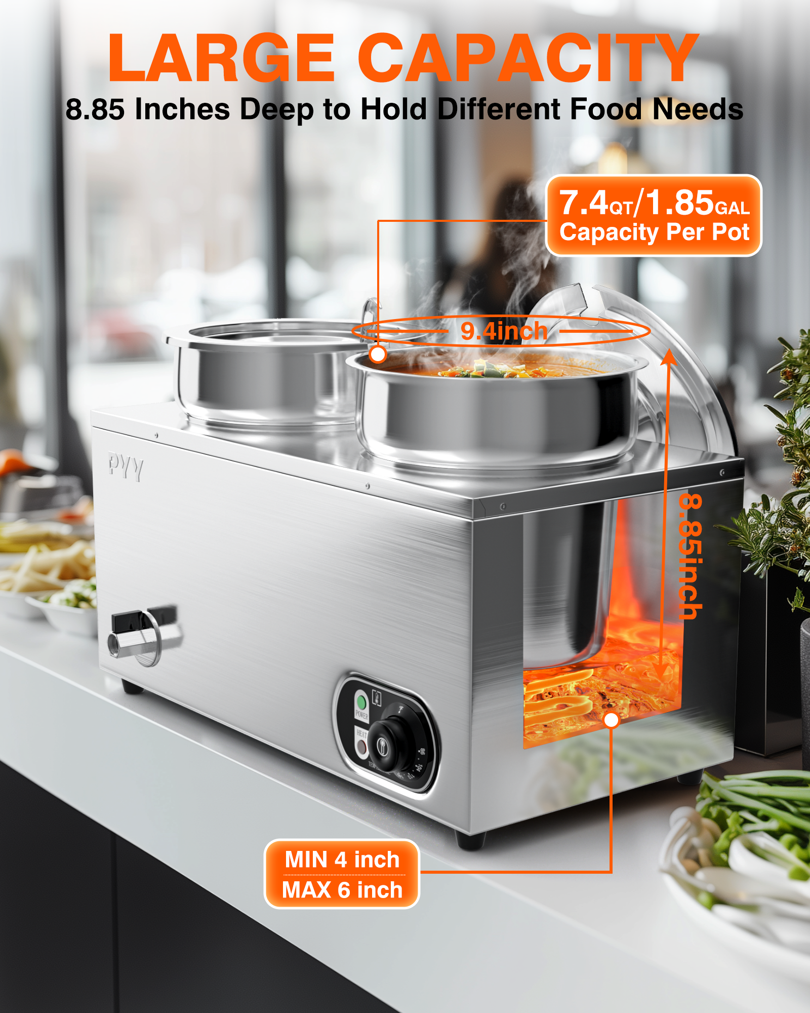 Commercial Soup Warmer - Upgrade Steam Table Food Warmer Electric Countertop Bain Marie Station with Large Stainless Steel Dual 7.4QT Round Pots for Restaurants, Buffets and Catering 86-185°F