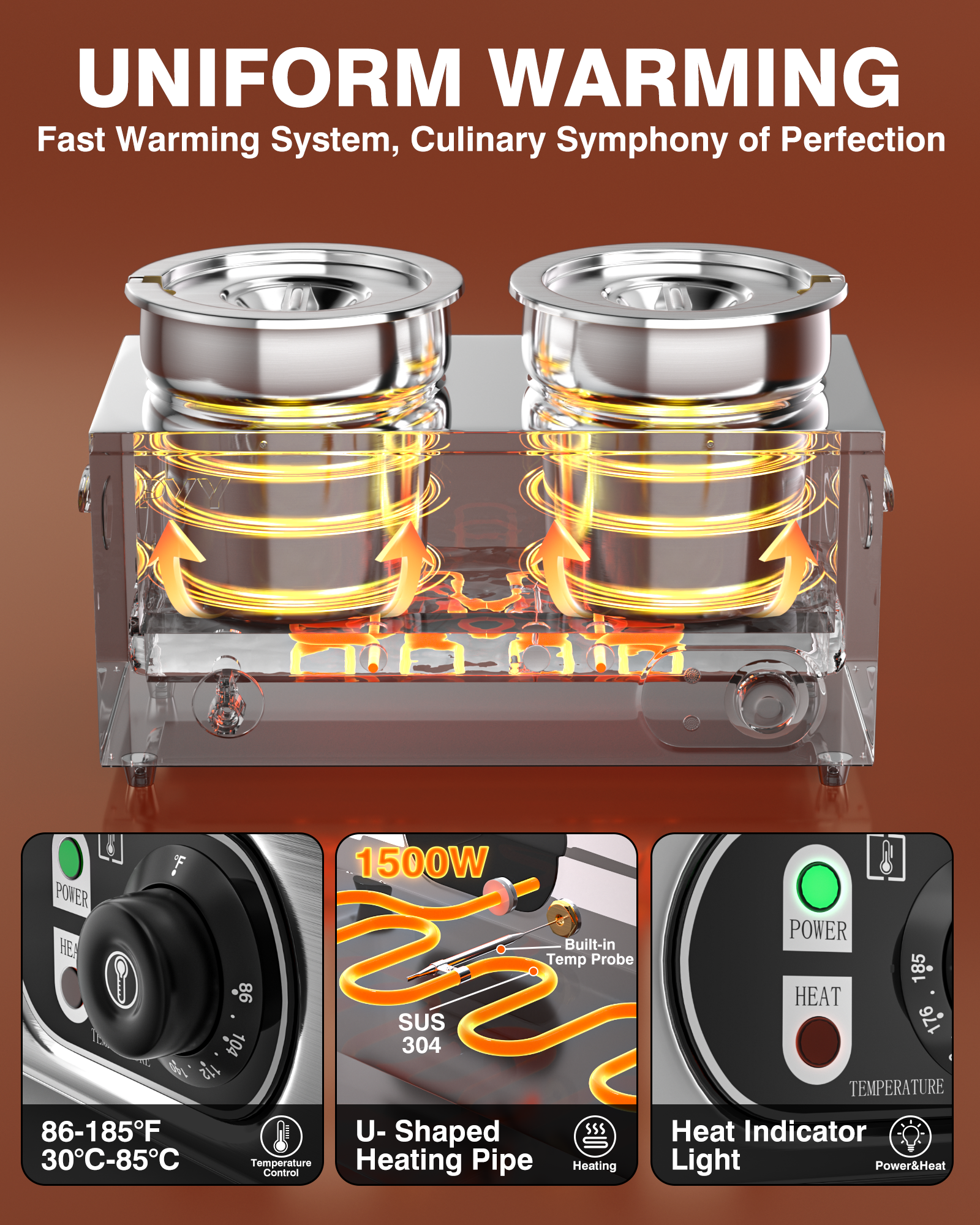 Commercial Soup Warmer - Upgrade Steam Table Food Warmer Electric Countertop Bain Marie Station with Large Stainless Steel Dual 7.4QT Round Pots for Restaurants, Buffets and Catering 86-185°F