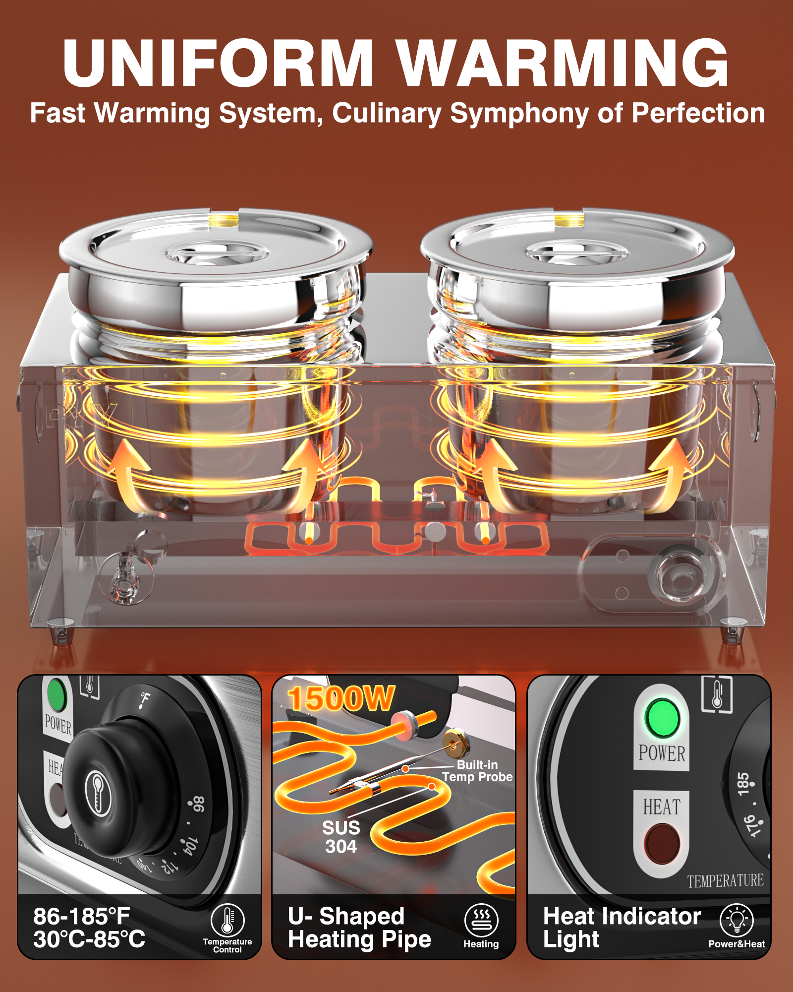 PYY Commercial Electric Soup Warmer - Dual 11.6QT Stainless Steel Bain Marie Station with 2-Pot Steam Table, Adjustable Temperature (86-185°F) for Restaurants, Buffets, Catering & Food Service