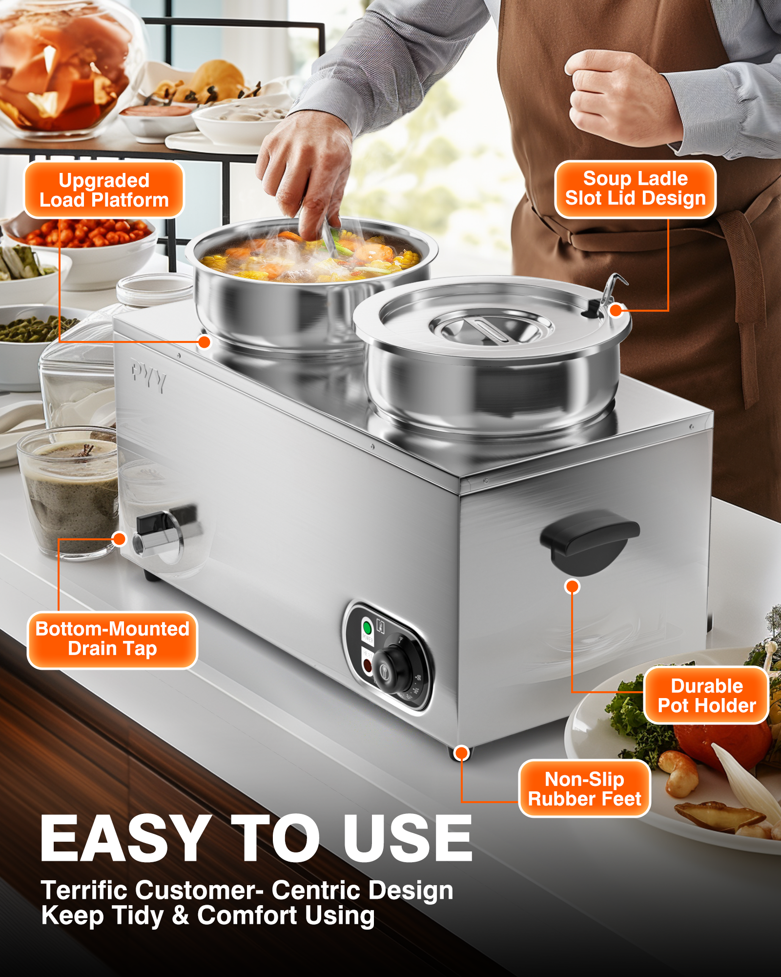 Commercial Soup Warmer - Upgrade Steam Table Food Warmer Electric Countertop Bain Marie Station with Large Stainless Steel Dual 7.4QT Round Pots for Restaurants, Buffets and Catering 86-185°F