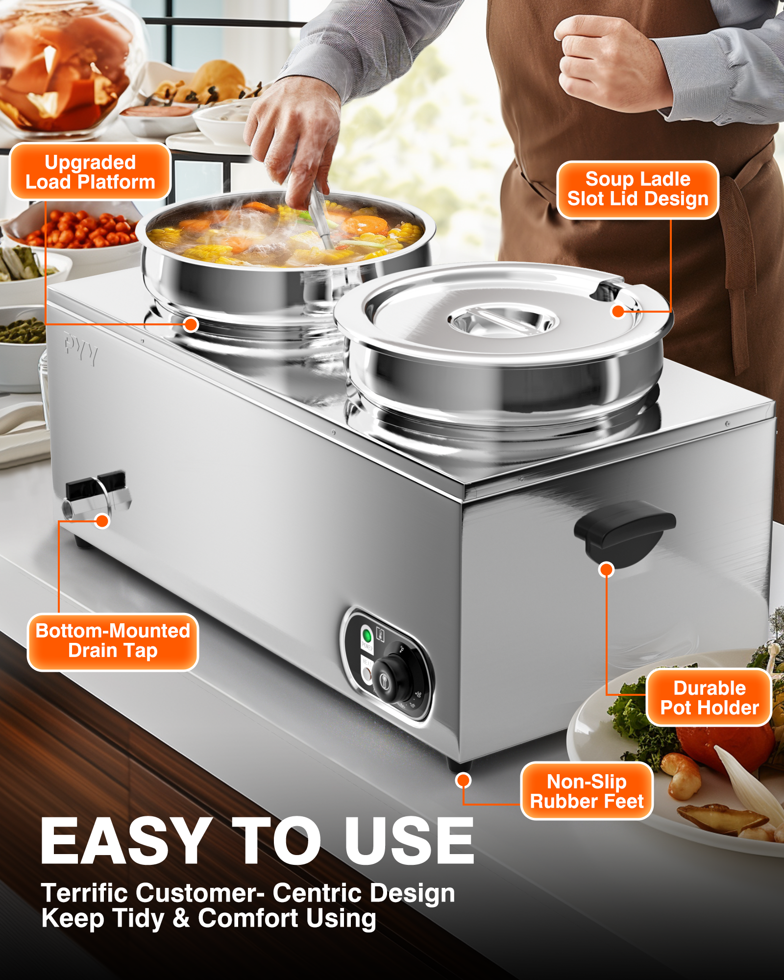 PYY Commercial Electric Soup Warmer - Dual 11.6QT Stainless Steel Bain Marie Station with 2-Pot Steam Table, Adjustable Temperature (86-185°F) for Restaurants, Buffets, Catering & Food Service