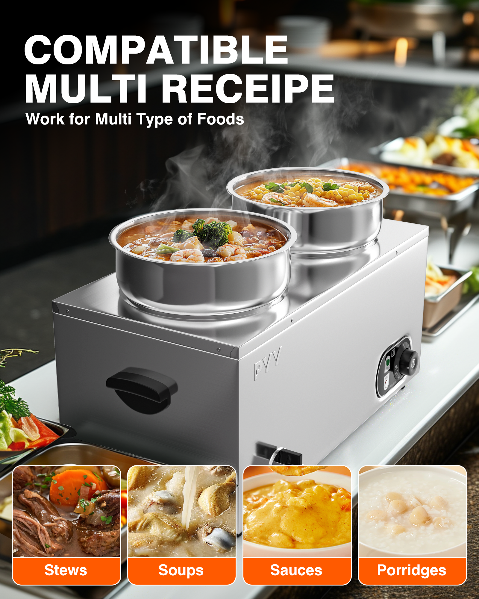 Commercial Soup Warmer - Upgrade Steam Table Food Warmer Electric Countertop Bain Marie Station with Large Stainless Steel Dual 7.4QT Round Pots for Restaurants, Buffets and Catering 86-185°F