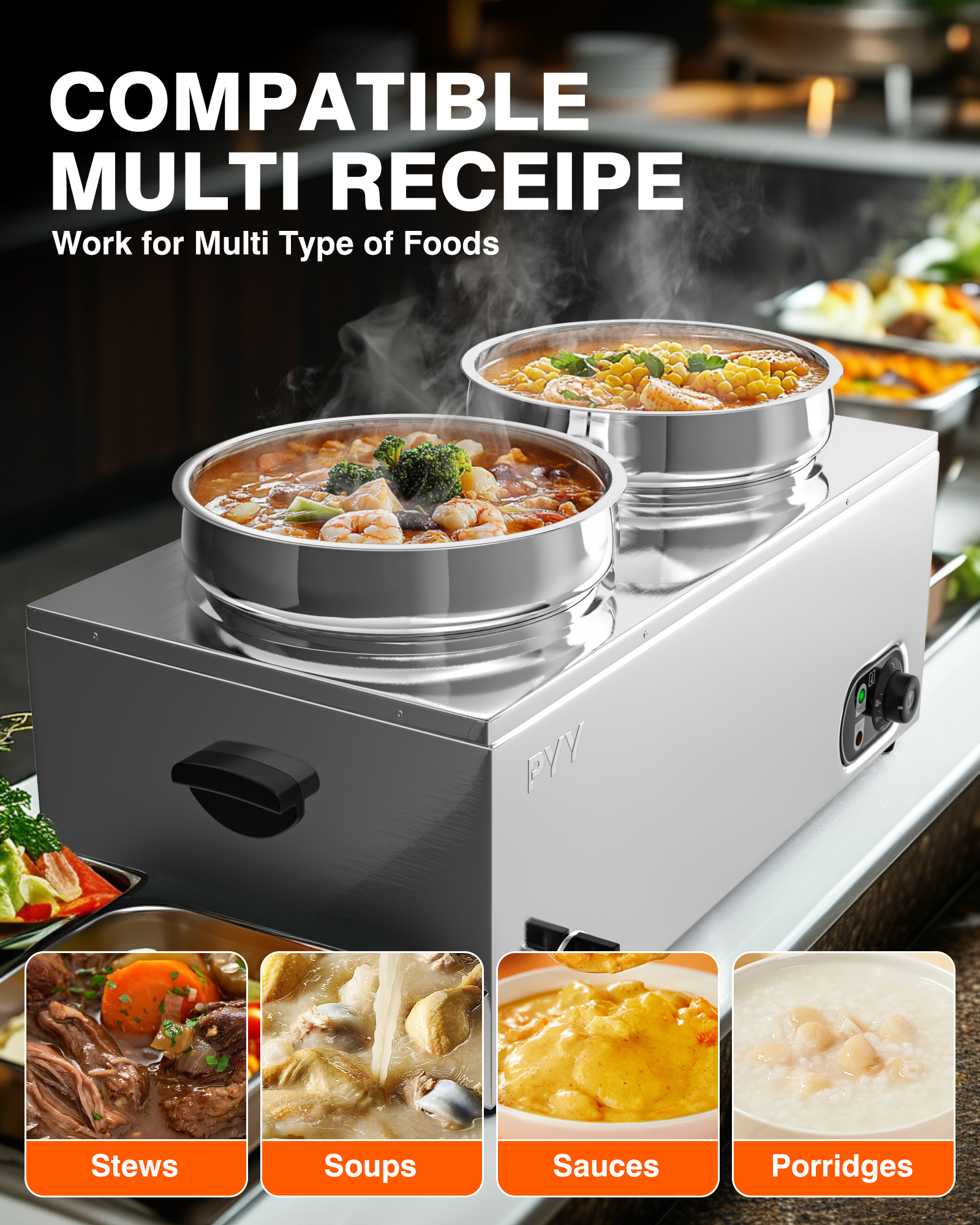 PYY Commercial Electric Soup Warmer - Dual 11.6QT Stainless Steel Bain Marie Station with 2-Pot Steam Table, Adjustable Temperature (86-185°F) for Restaurants, Buffets, Catering & Food Service