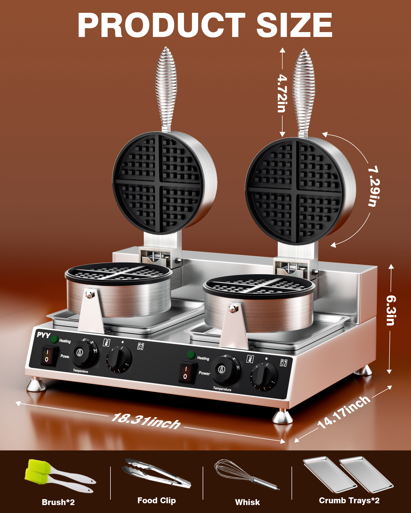PYY Commercial Waffle Maker - Double Waffle Maker Non-stick for Party Food Stall,Restaurant, Large, Stainless Steel
