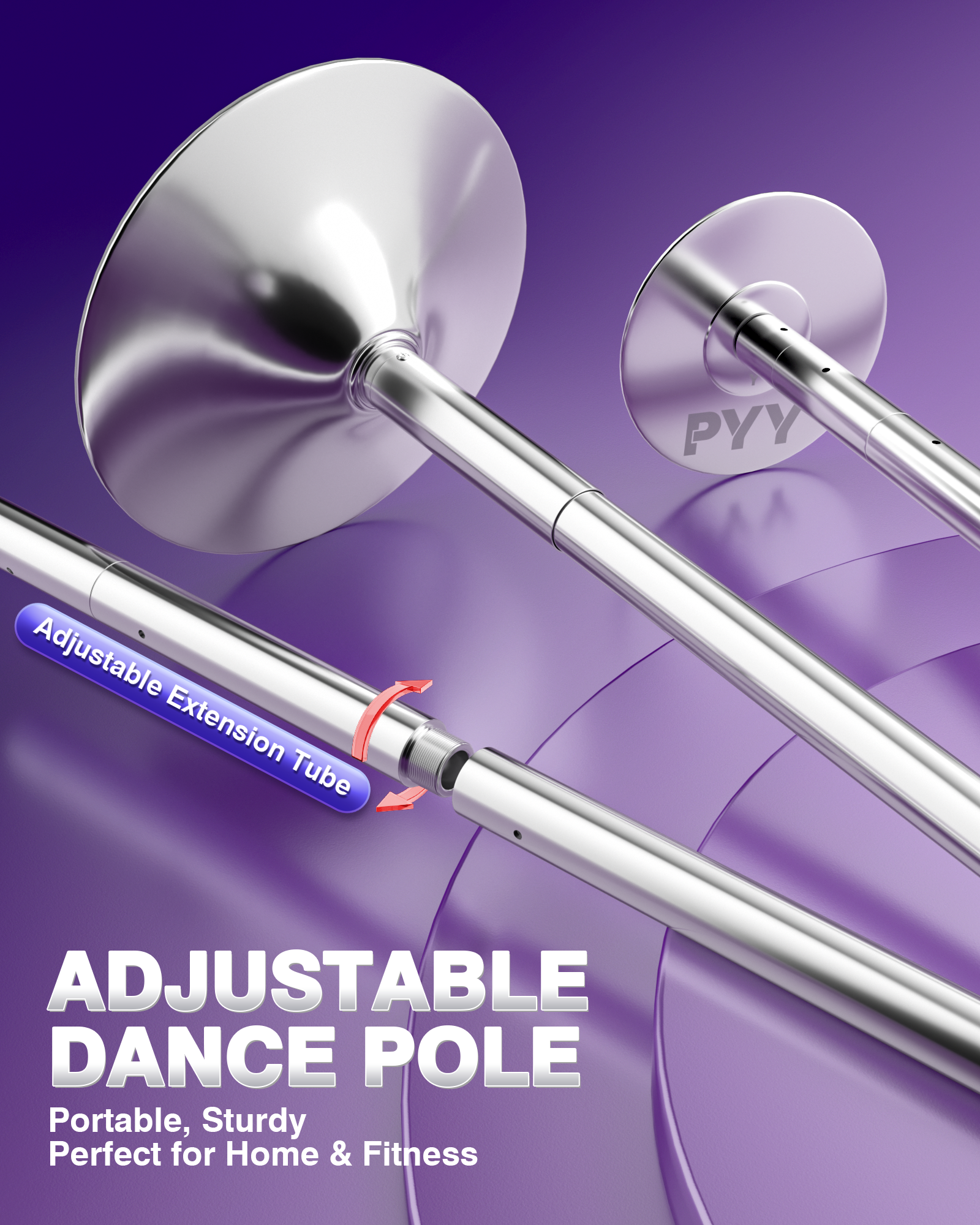 PYY Dance Pole for Home - Adjustable & Portable Dancing Pole for Gym Studio Pub, 45mm Chrome Finish, Spinning & Static Modes, No Drilling Required, Remote LED Lights, Fits 88"-108" Ceilings